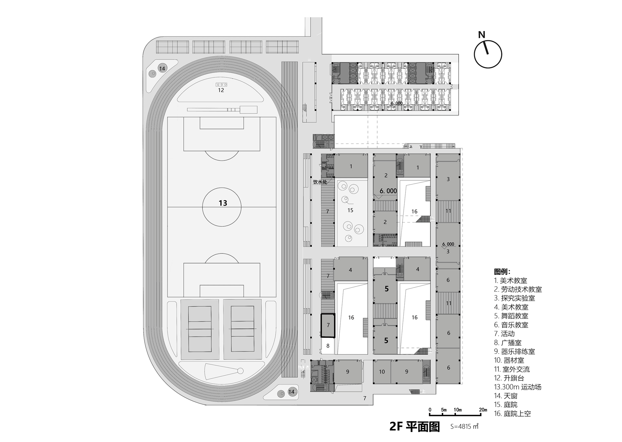 Second floor plan drawing showing a 300m running track and sports field beside classroom blocks arranged around planted courtyards