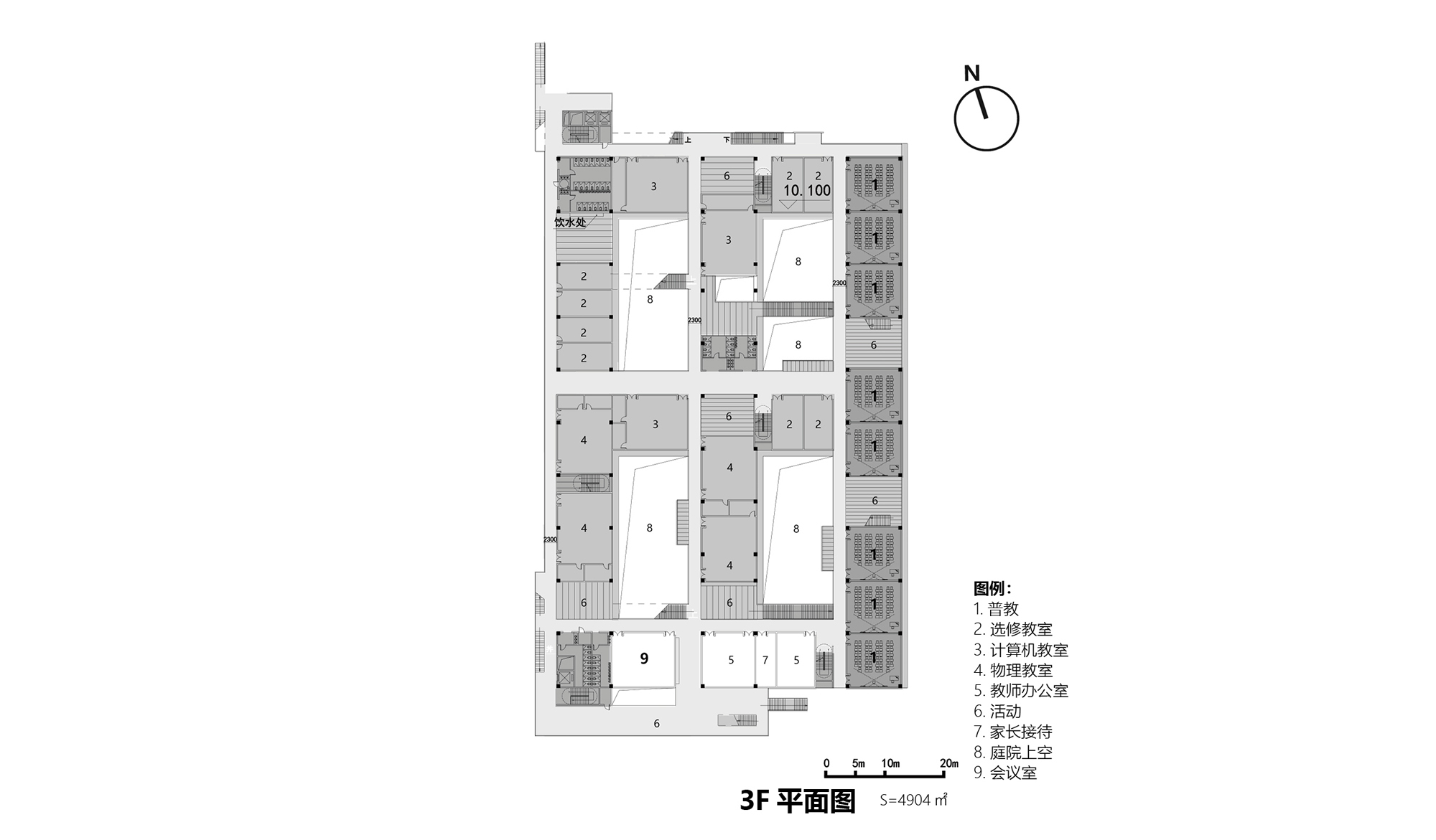 Third floor plan drawing showing classroom wings and a column of teaching rooms on the east side around open courtyard voids
