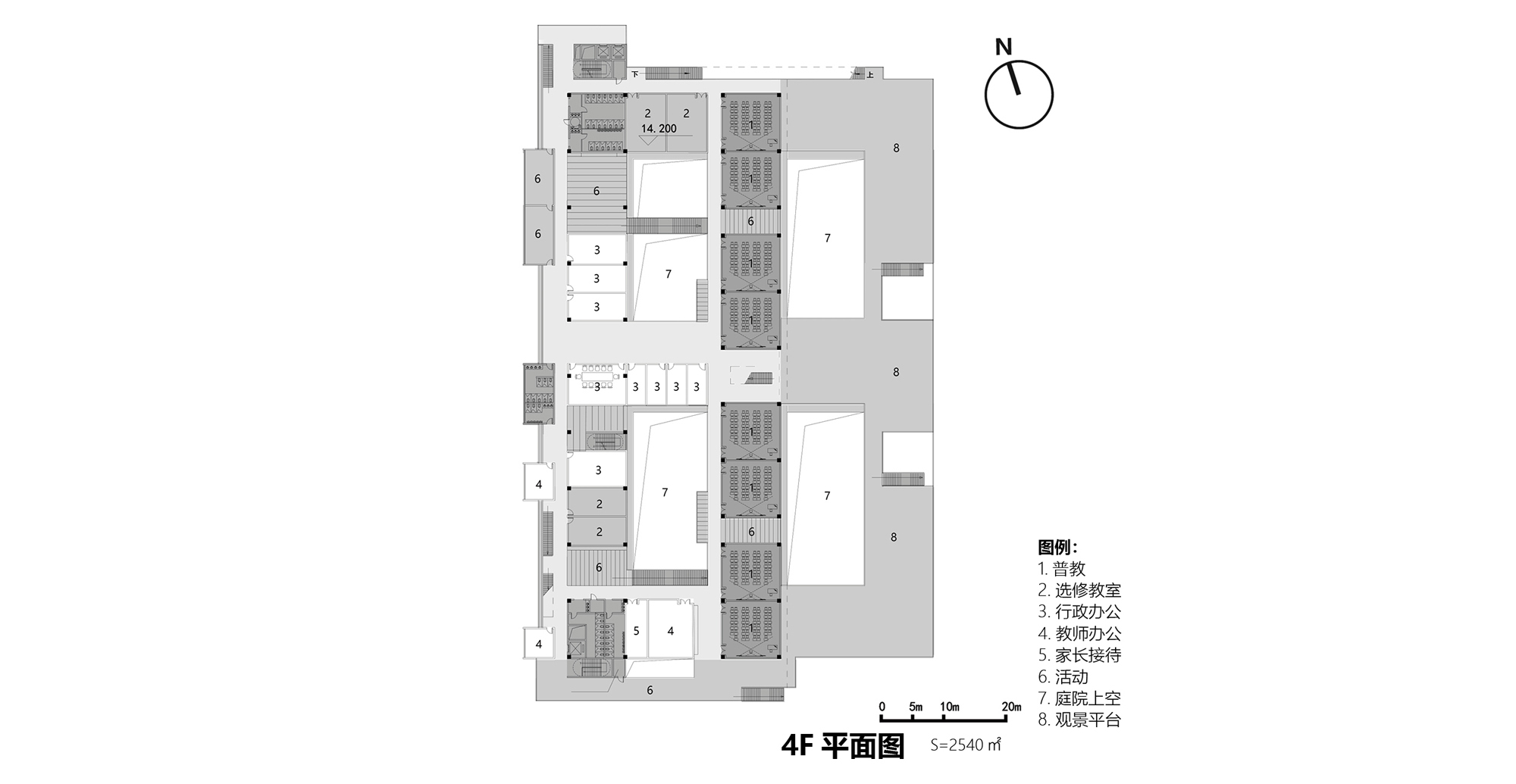 Fourth floor plan drawing showing classrooms and offices around courtyard voids, with large viewing platforms on the east side