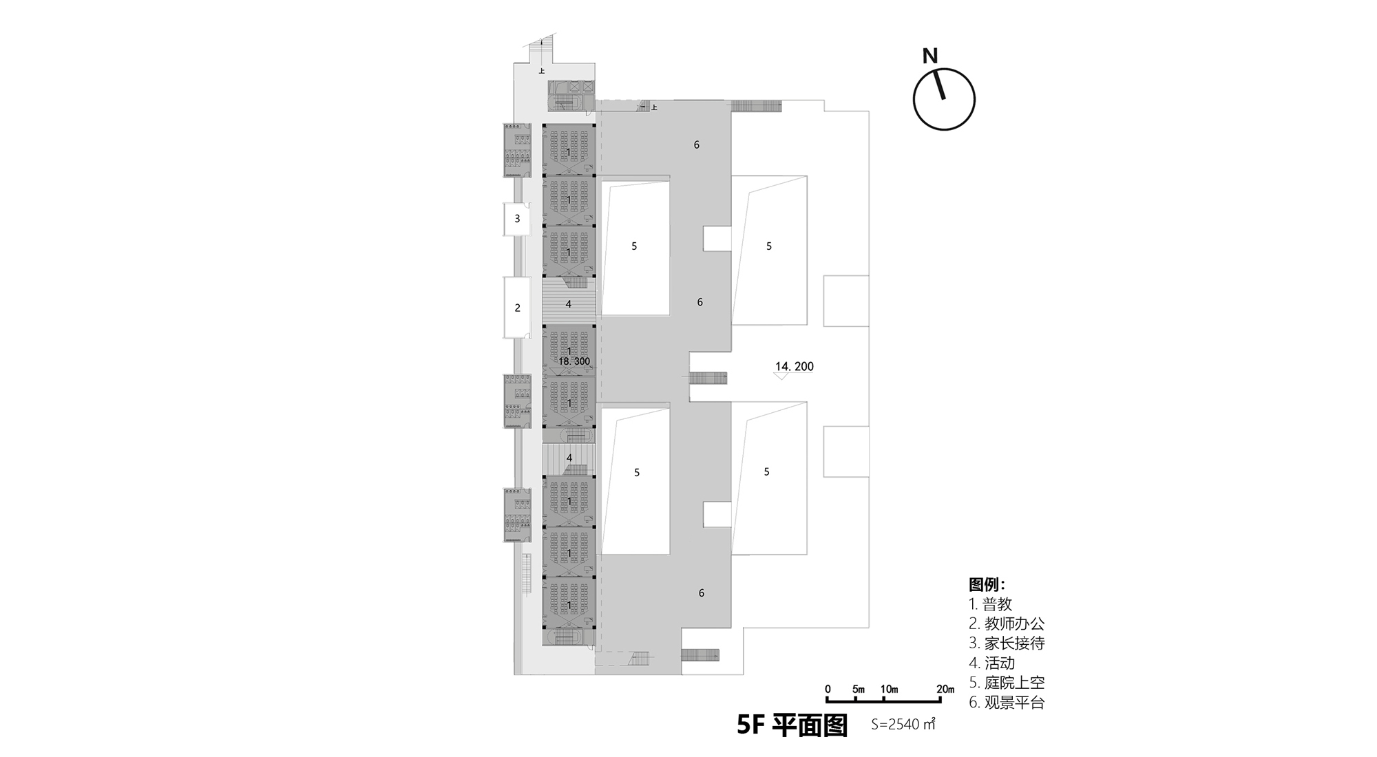 Fifth floor plan drawing showing a long teaching bar on the west edge and rooftop viewing platforms around courtyard voids