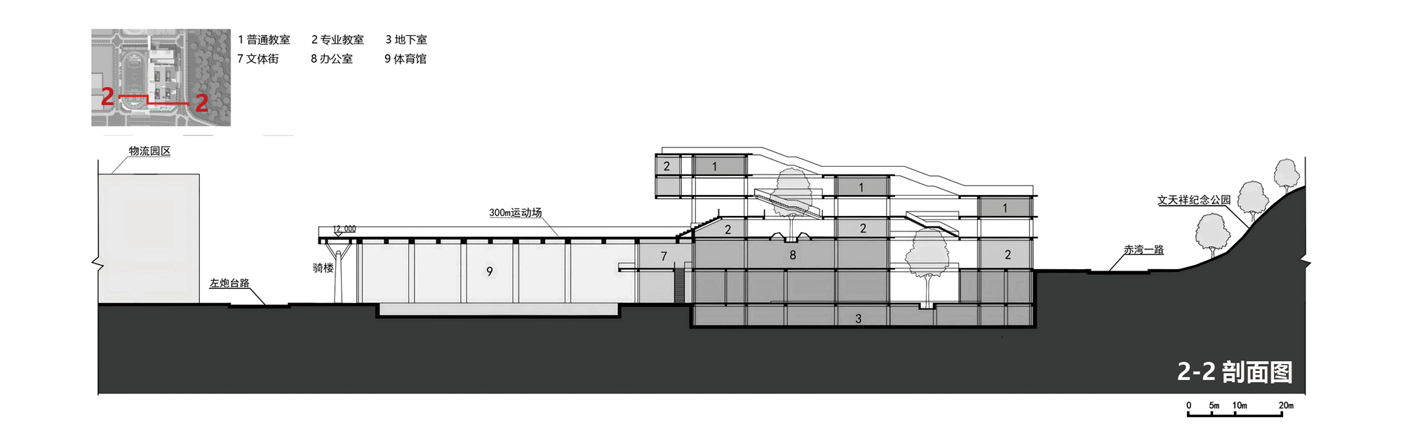 Section drawing cutting through the gymnasium, running track edge and stepped classroom block, with a sloped park and trees at right