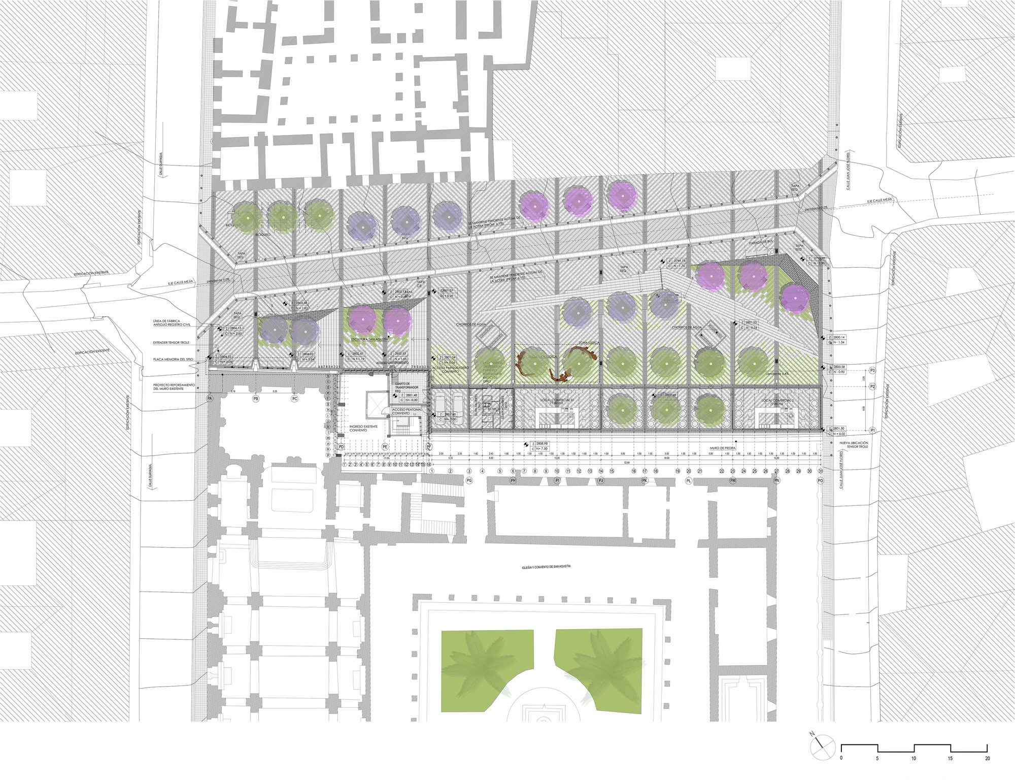 Site plan drawing of a long plaza between two streets, with tree canopies and paving bands beside the surrounding historic buildings
