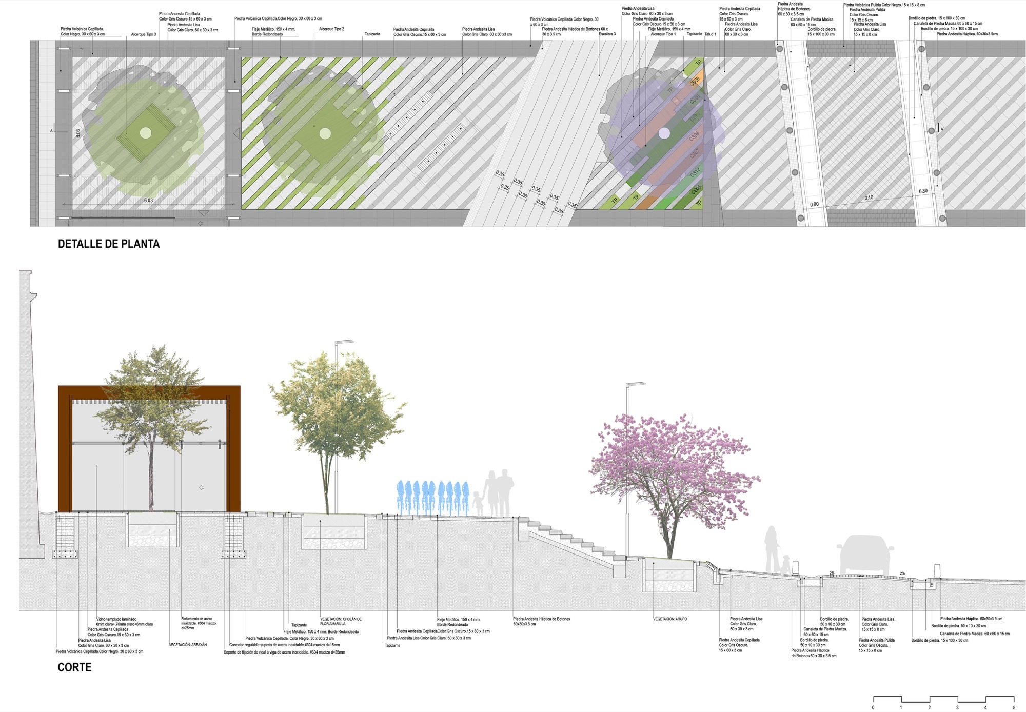 Detail plan and section drawing of paving patterns, tree pits and a stepped slope beside a rust-framed pavilion