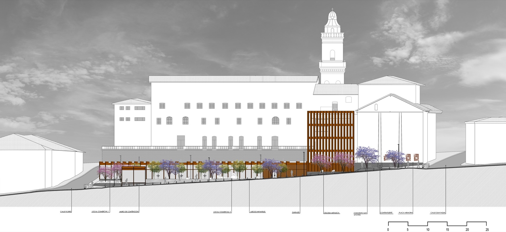 Elevation drawing of the plaza frontage with a slatted tower, flowering trees and a white convent and bell tower behind