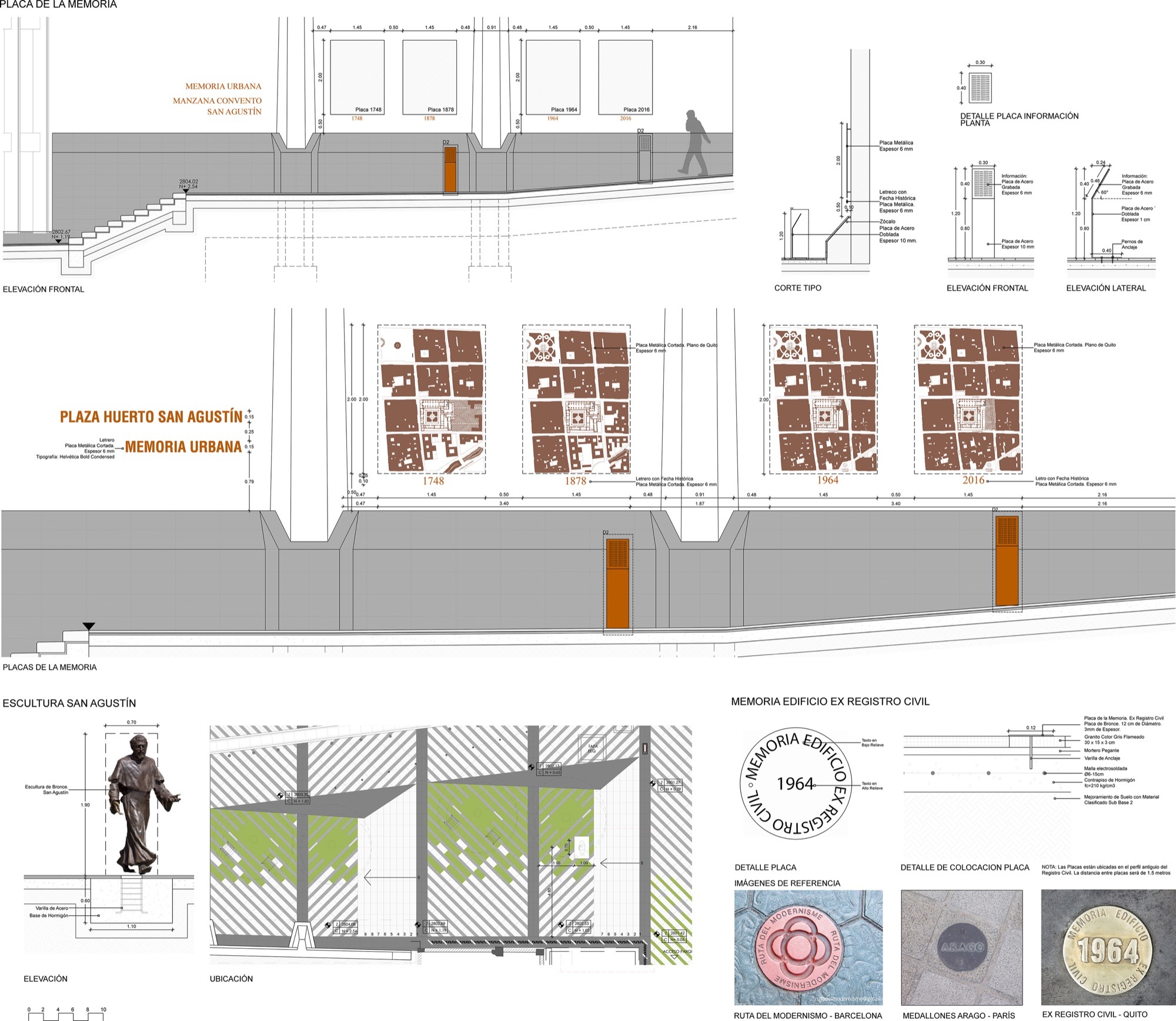 Sheet of detail drawings showing memorial plaques, urban map plates, a bronze statue elevation and a circular commemorative marker