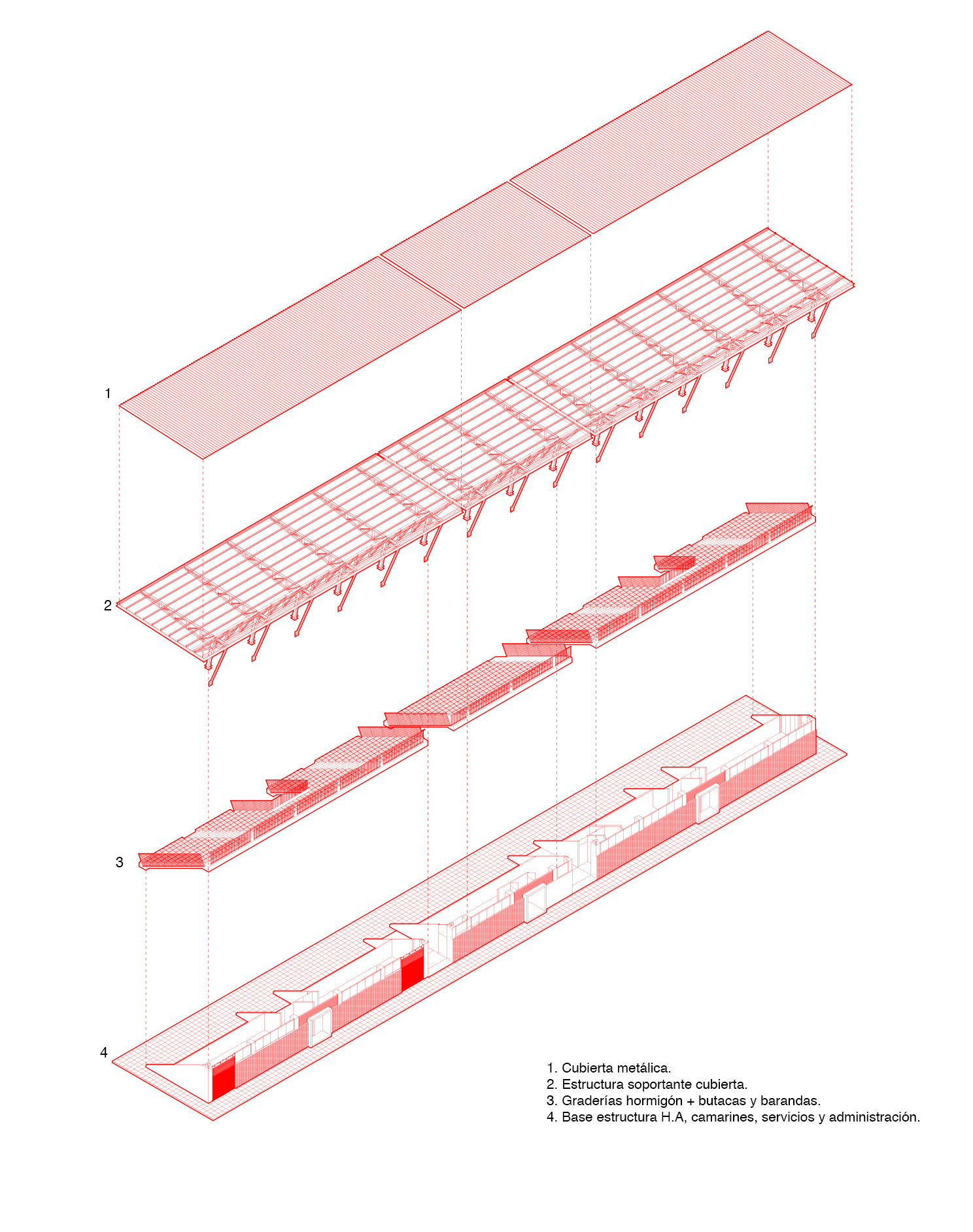 Exploded axonometric drawing in red line showing roof sheeting, supporting structure, concrete stands with seats and railings, and base with changing rooms