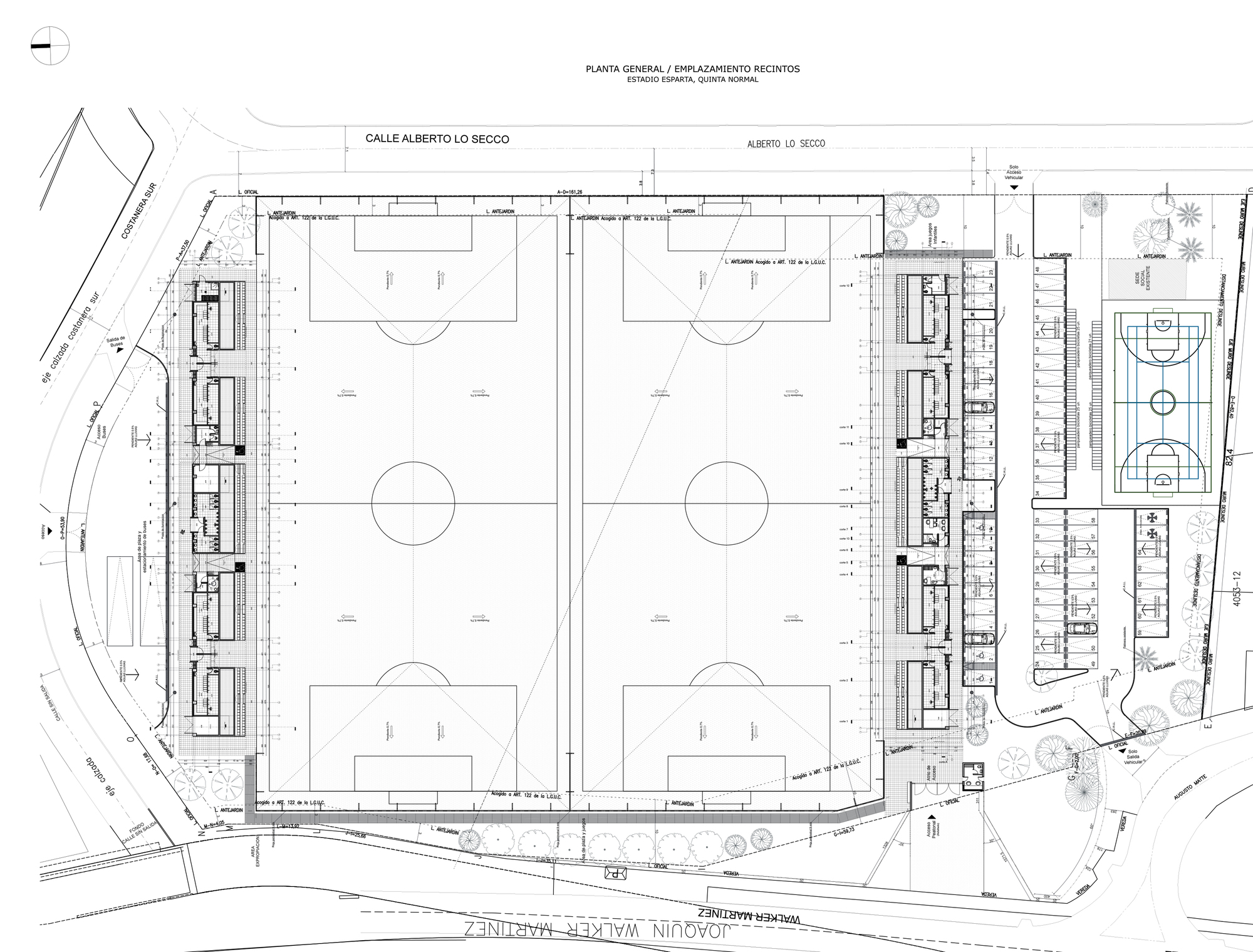 Site plan drawing of two side-by-side football pitches flanked by stepped grandstand blocks, a multi-sport court and service buildings between streets