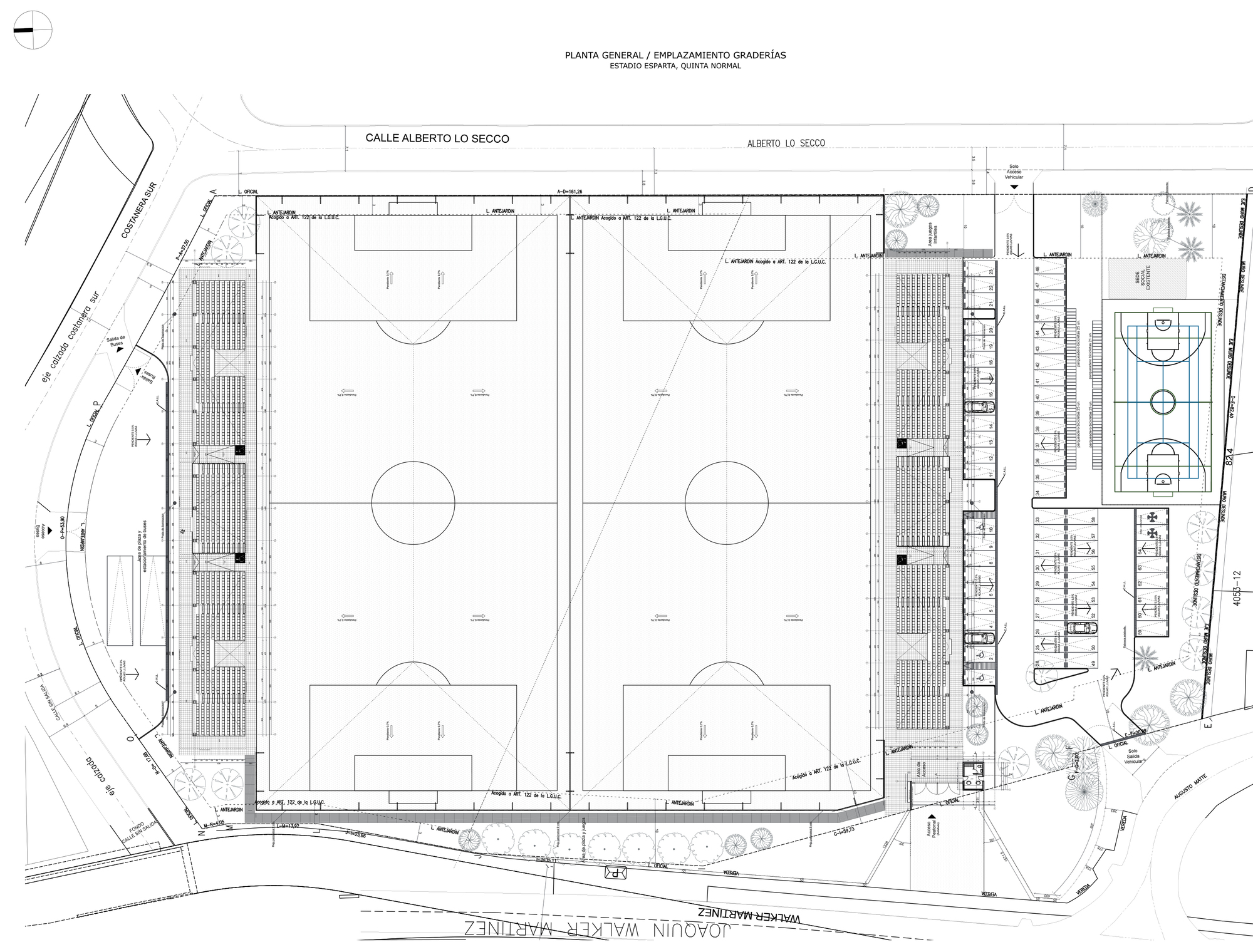 Site plan drawing showing two paired football pitches flanked by long grandstands, with a multi-sport court and service blocks on the east side