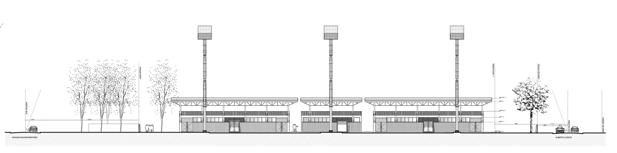 Elevation drawing of three grandstand volumes with pitched roofs and tall floodlight masts, framed by street trees and parked cars