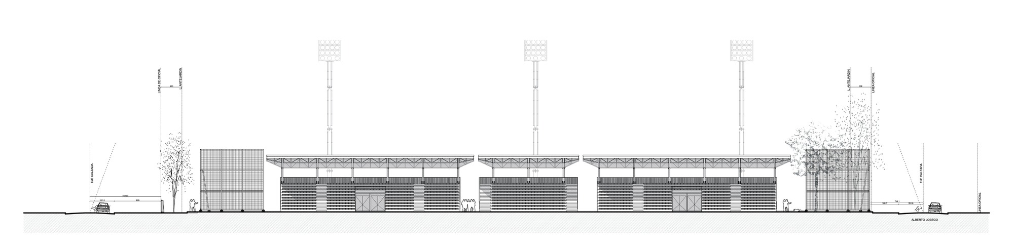 Elevation drawing of the grandstand rear with three roofed segments, floodlight towers and screened end volumes beside a tree