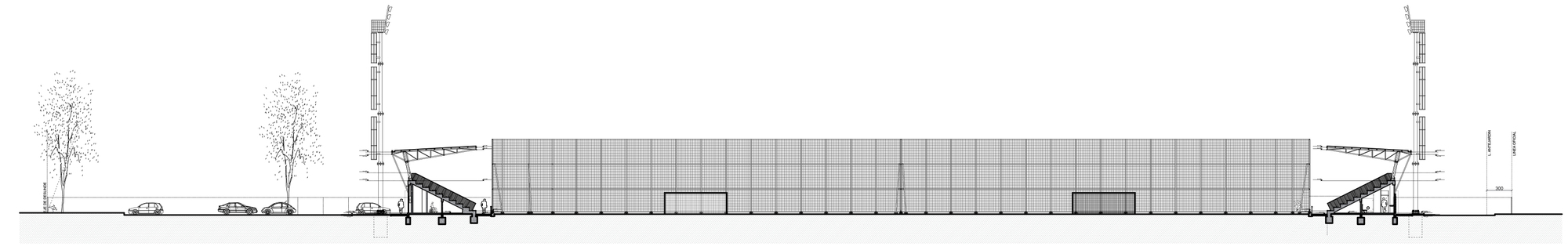 Elevation drawing of a long paneled grandstand wall with two dark doors, angled roof supports and floodlight masts at each end