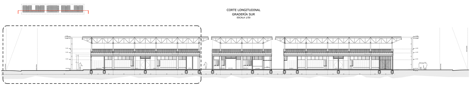 Longitudinal section drawing of the south grandstand showing three roofed segments on a steel truss frame, with one portion outlined by a dashed line