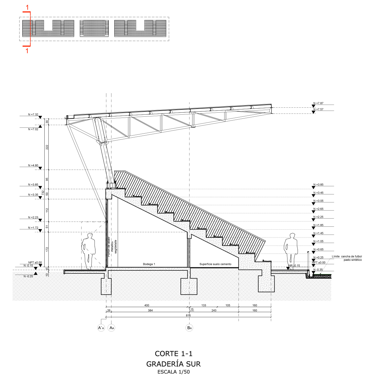 Cross section drawing of the south grandstand showing stepped concrete seating, storage room beneath, footings and a cantilevered truss roof with level markings