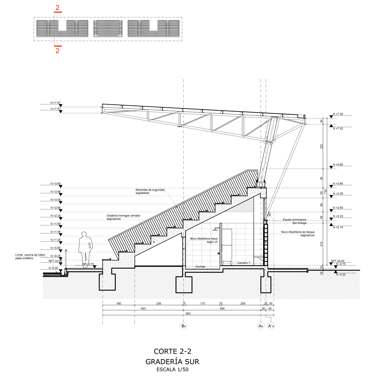 Section drawing through a stepped concrete grandstand with a cantilevered steel truss roof, showers and changing room tucked beneath the seating