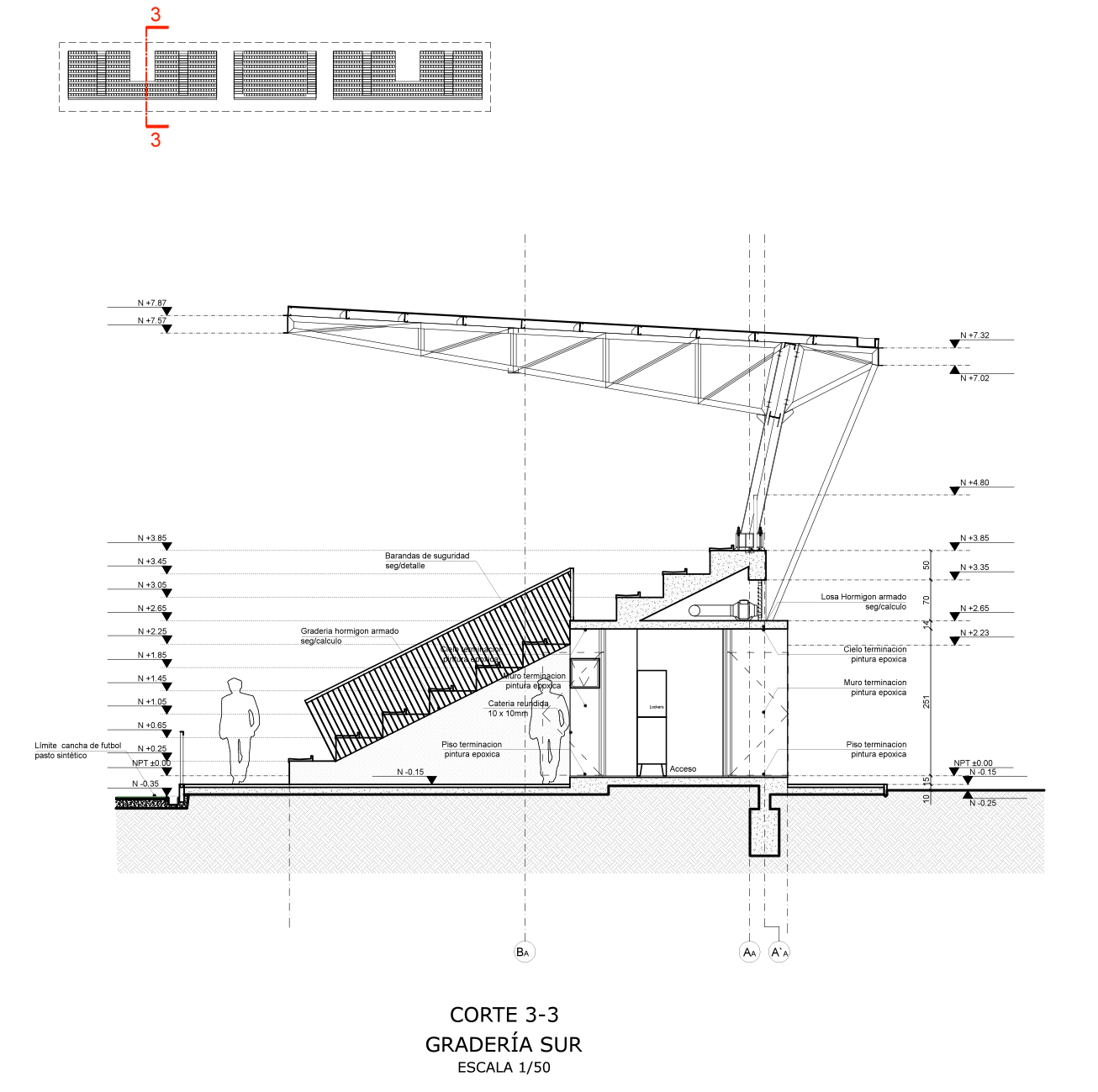 Section drawing of a grandstand with a steel truss canopy, showing an access room under the raised concrete seating and a standing figure