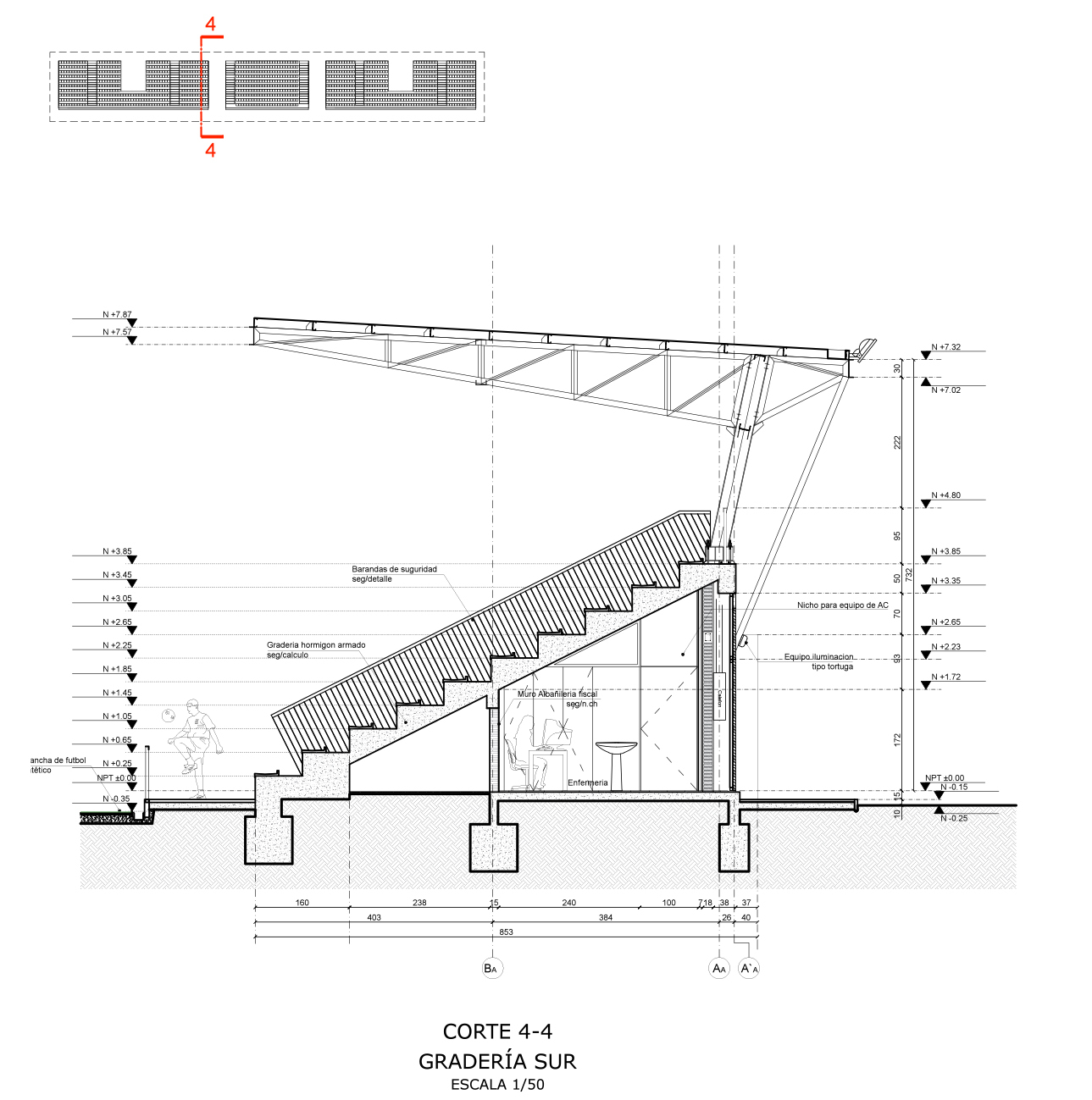 Section drawing through a sloped concrete grandstand with a truss roof, showing an infirmary room below the seating and a figure kicking a ball