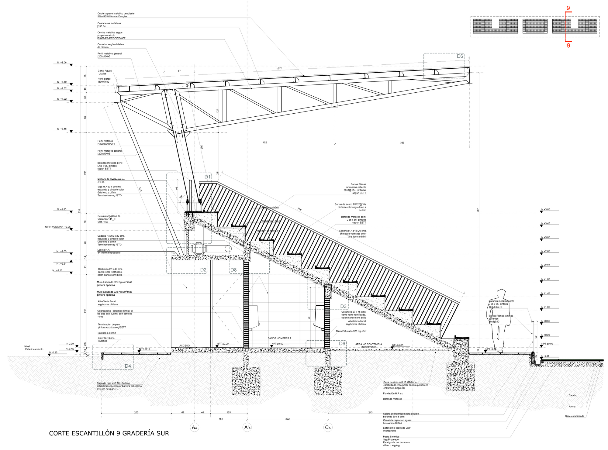 Detailed construction section drawing of a grandstand, with callouts for the roof truss, stepped seating, foundations and a standing figure at right