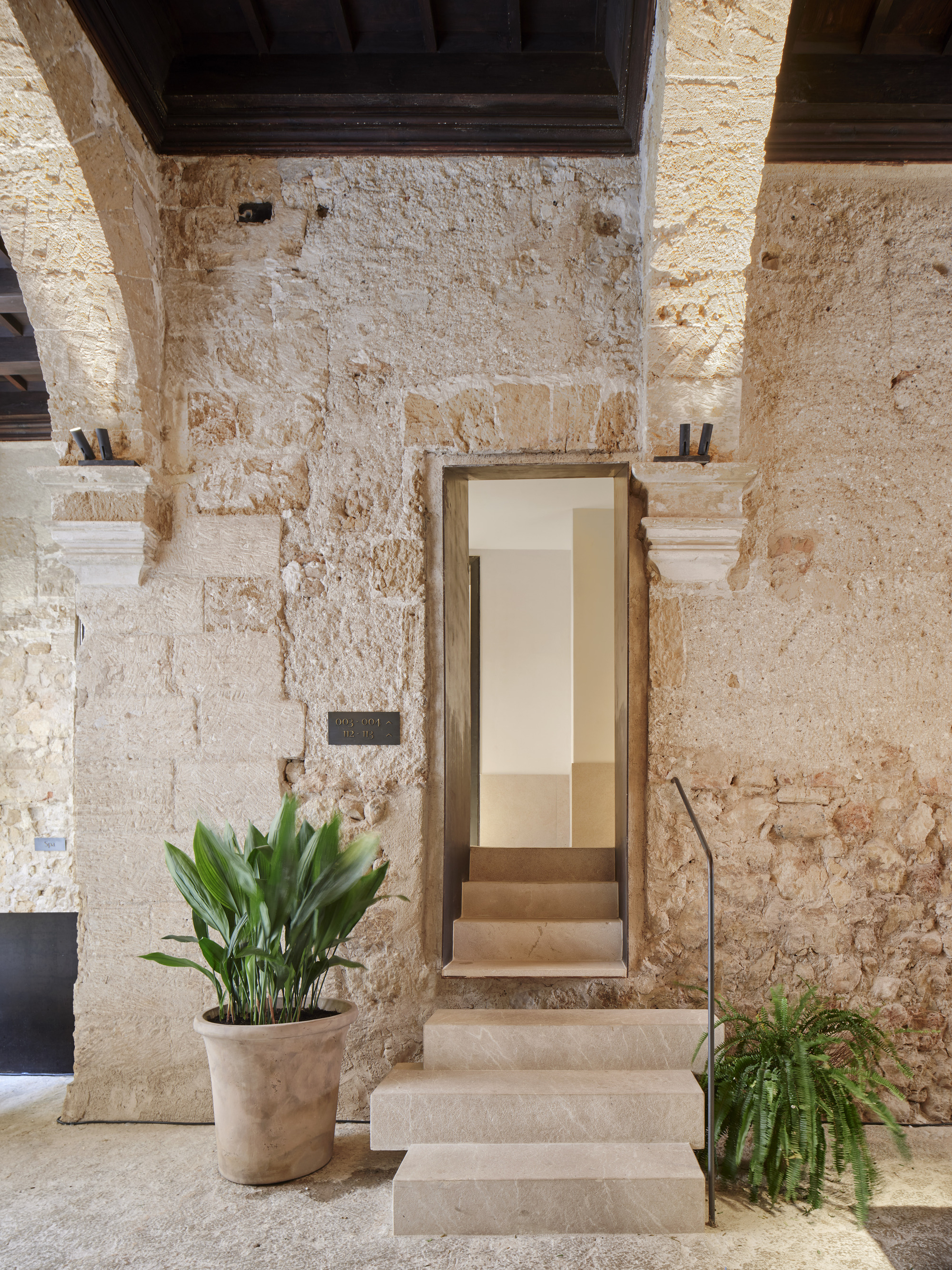 Limestone steps leading to a recessed doorway in a rough stone wall, flanked by a potted plant and a fern