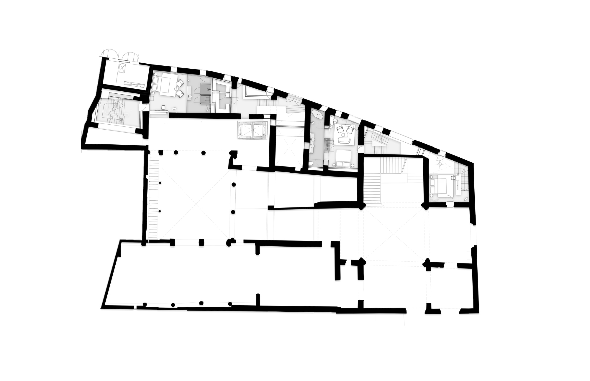 Upper floor plan drawing with guest rooms along the curved north edge and large open double-height voids with column grids to the south