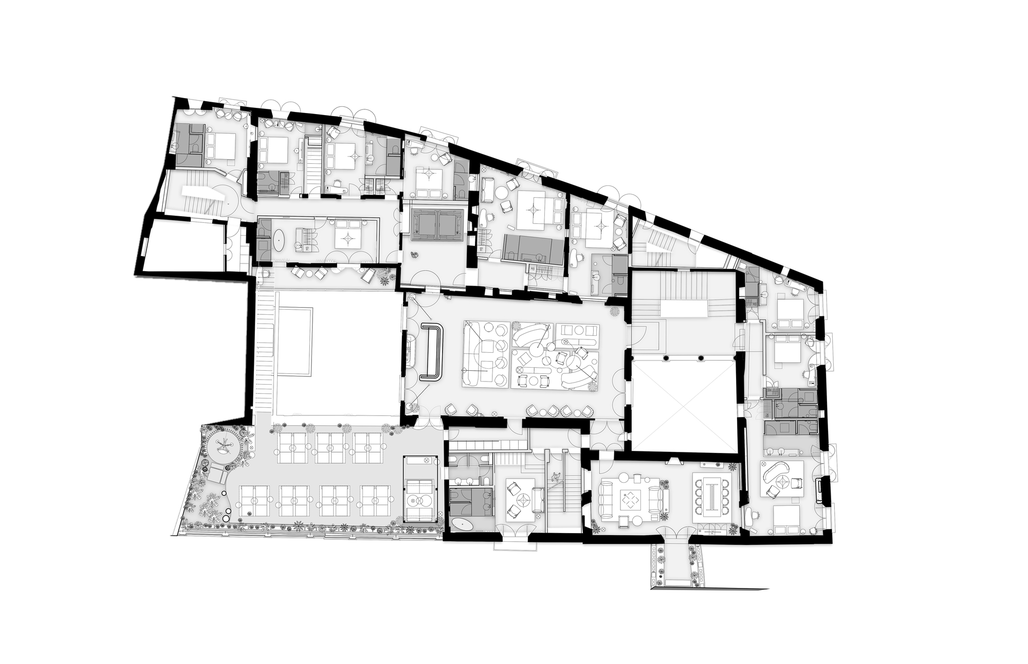 Top floor plan drawing showing bedrooms along the perimeter, a central lounge, a courtyard void and a roof terrace with dining tables
