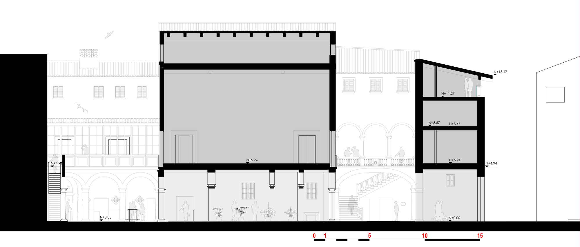 Long section drawing with scale bar, showing a tall hall above an arcaded ground floor beside a stepped side wing and courtyard facades