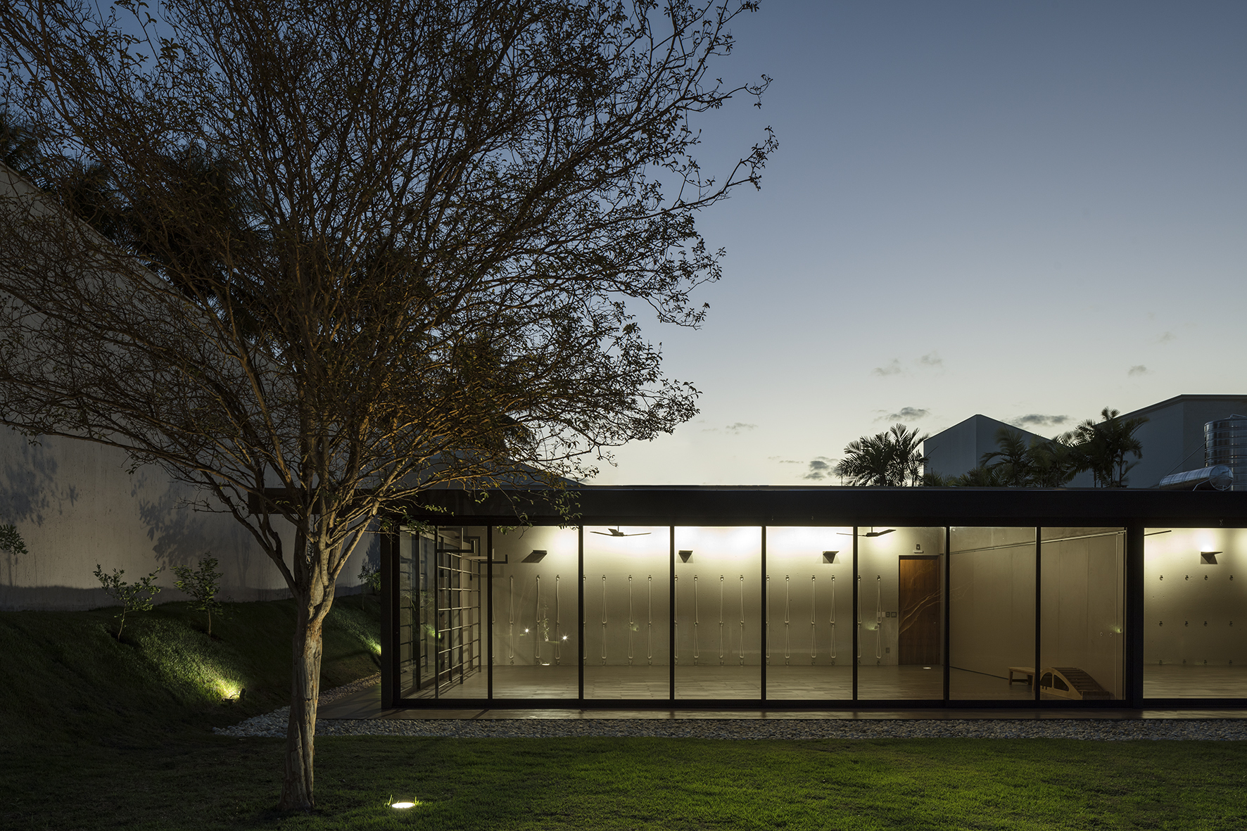Glass-walled studio pavilion with a dark flat roof, glowing at dusk behind a bare tree and lit grass bank