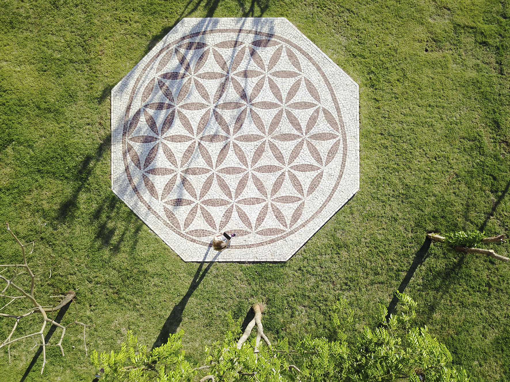 Top-down view of an octagonal stone mosaic with a flower-of-life pattern set in grass, trees casting long shadows