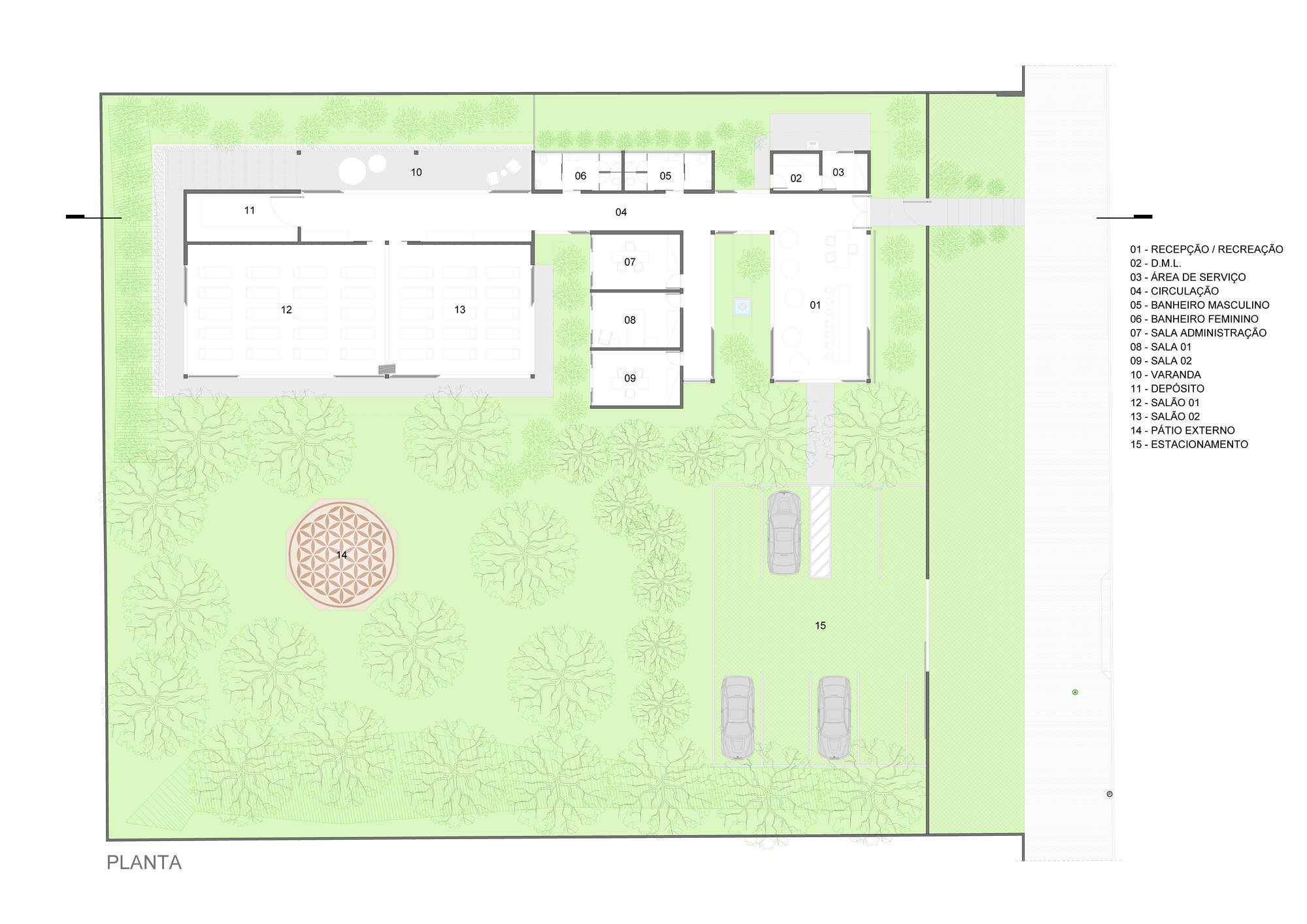 Site plan drawing showing an L-shaped single-storey building, a circular patio with a floral pattern, tree canopies and a parking area on a green lawn