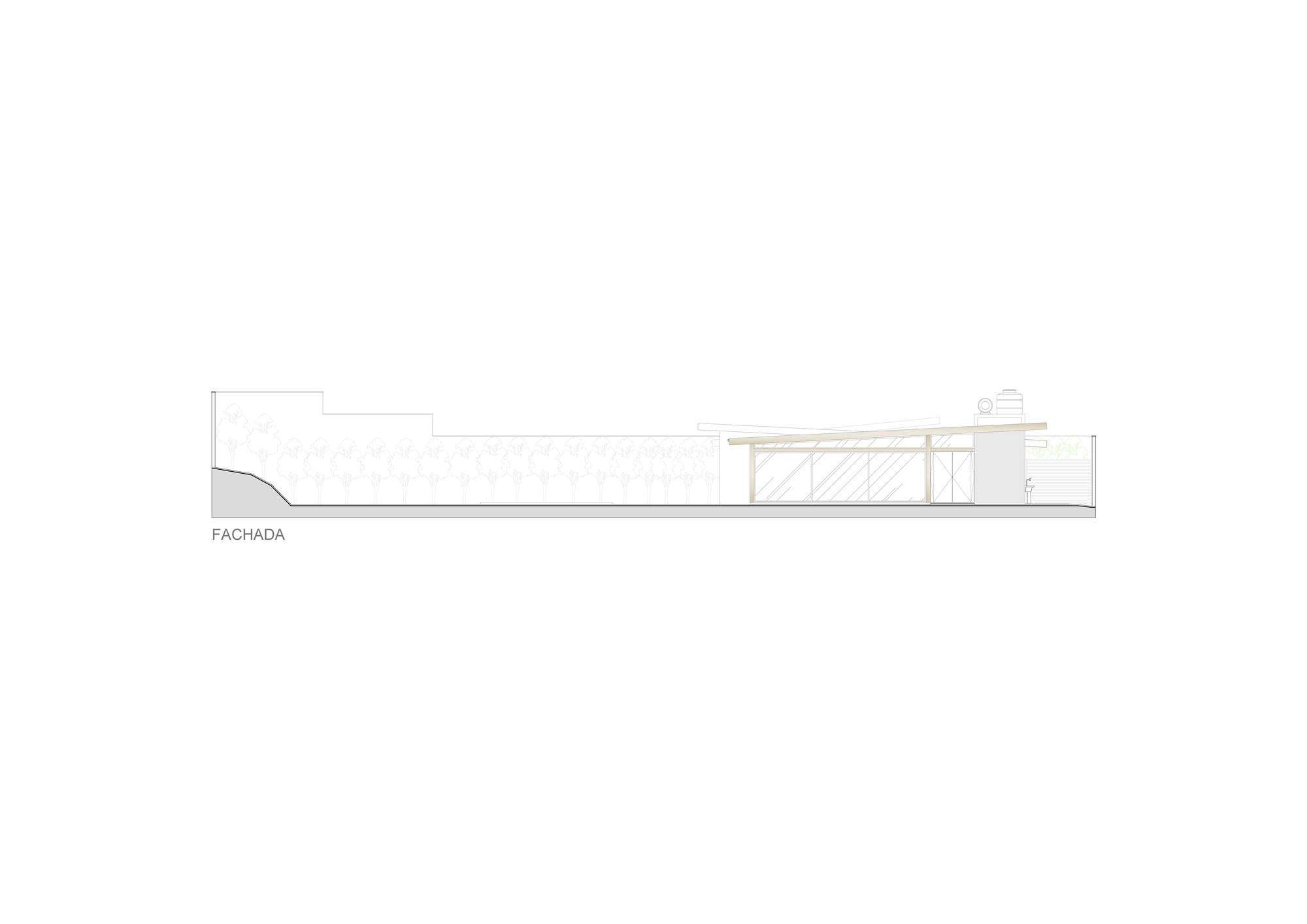 Facade elevation drawing showing a long low building with a sloped timber roof, glazed openings and a tree-lined boundary wall beside it