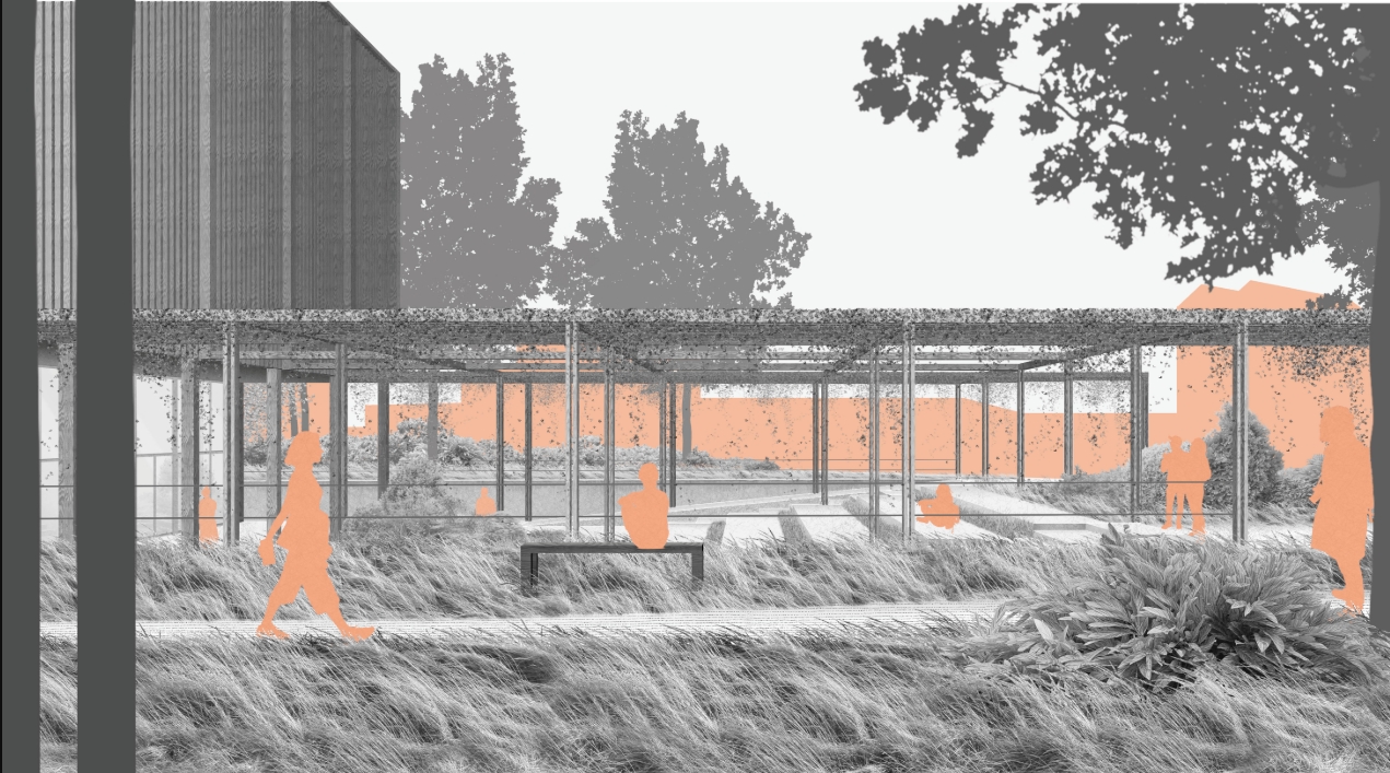 Rendering of a steel pergola draped in vines beside a bench, with orange figures walking through windblown grasses. Image: Daria Naumochkina, Anastasiya Sharapova
