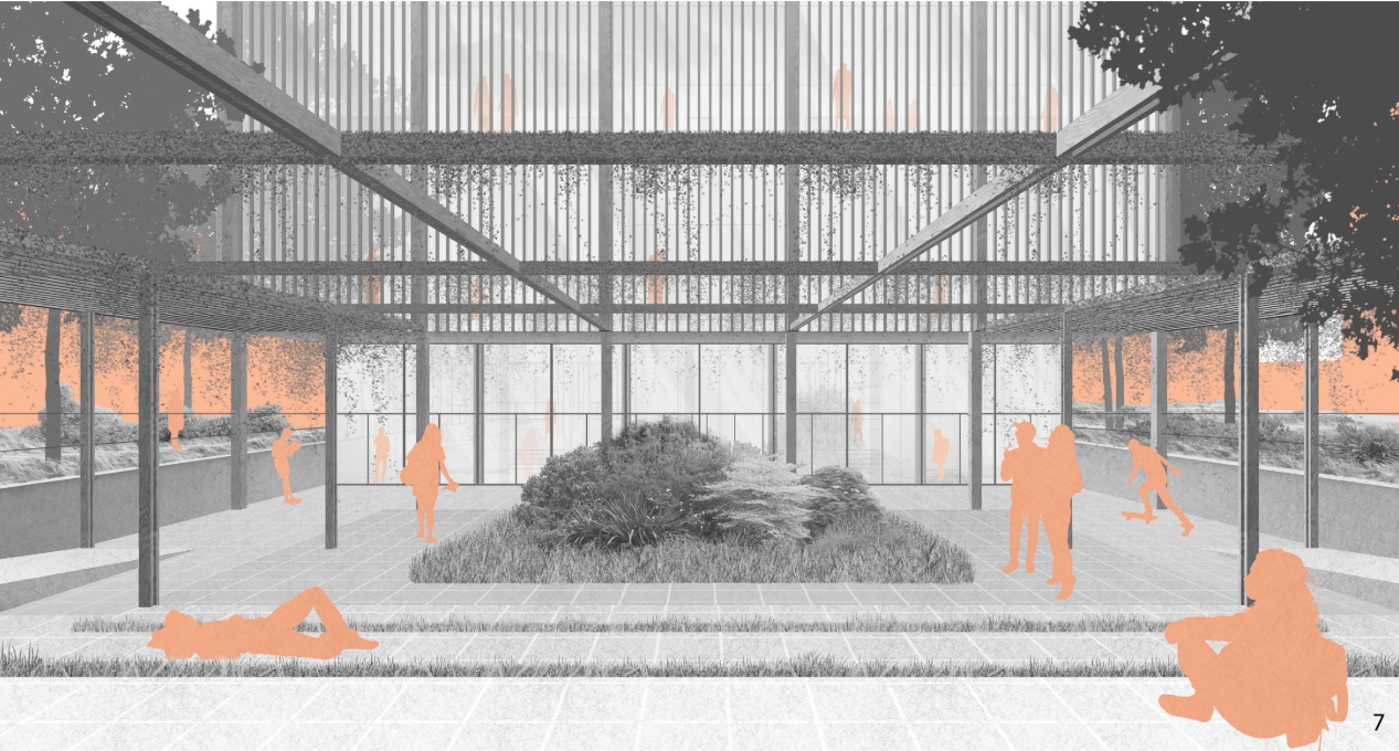 Rendering of a courtyard with a central planted mound, vine-covered pergola beams and orange figures lounging on the paving. Image: Daria Naumochkina, Anastasiya Sharapova