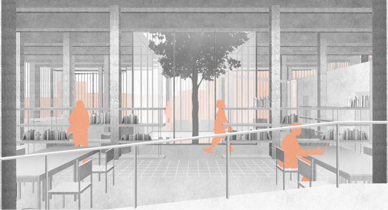 Rendering of a library reading room with timber columns, bookshelves and a tree seen through a glass wall, orange readers at tables. Image: Daria Naumochkina, Anastasiya Sharapova