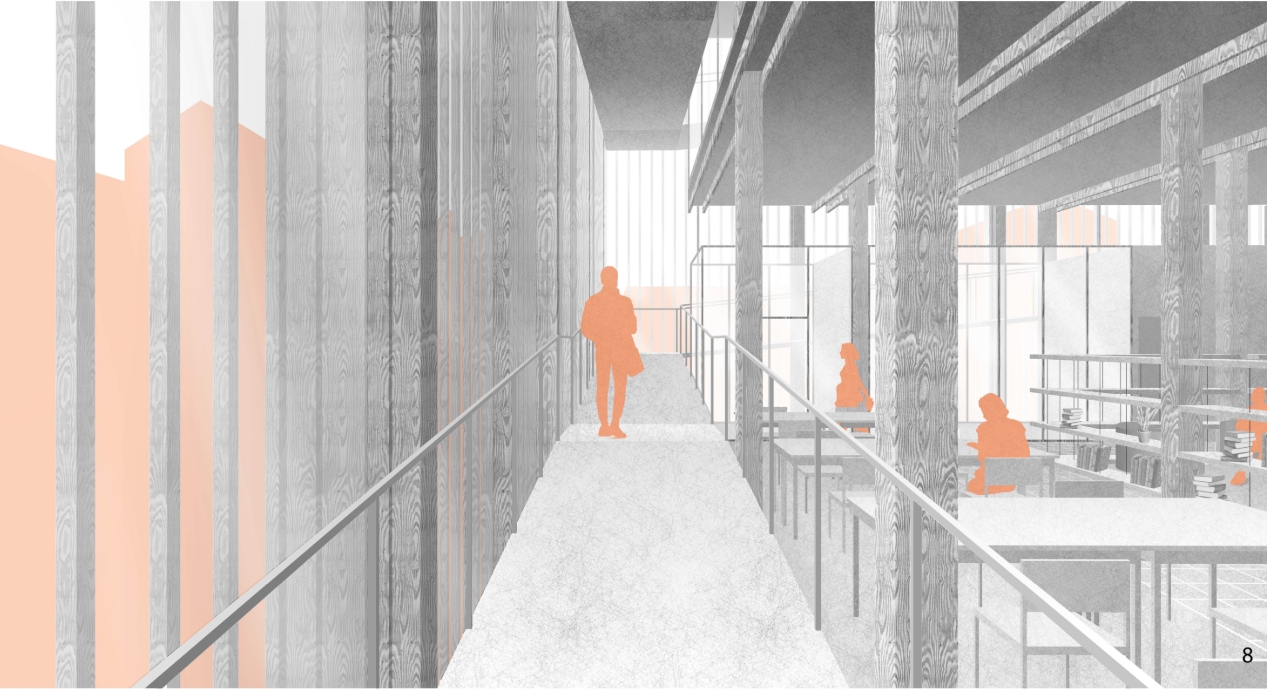 Rendering of a concrete walkway with a thin railing beside a slatted timber screen, overlooking reading tables with orange figures. Image: Daria Naumochkina, Anastasiya Sharapova