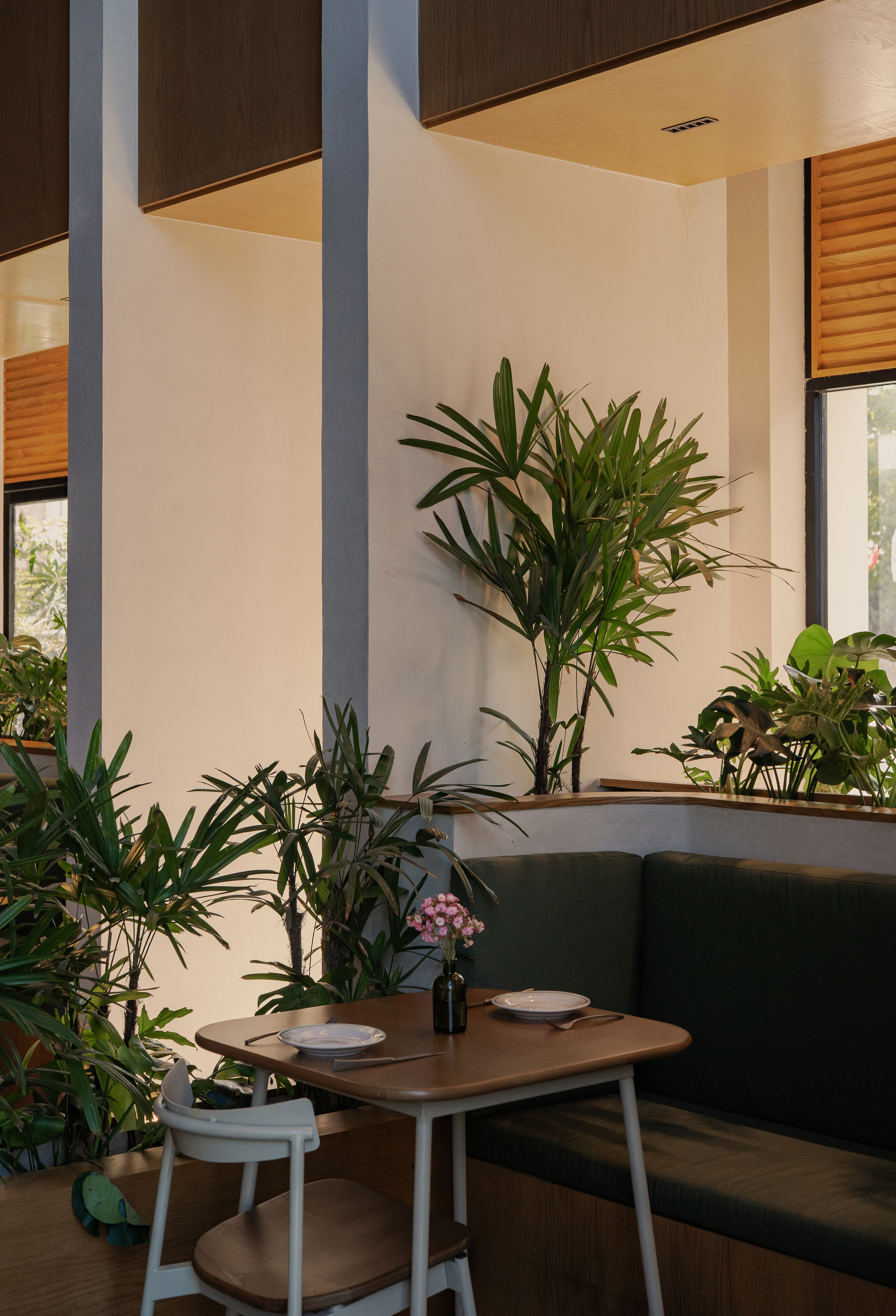 Corner table beside a dark green banquette, with potted palms and leafy plants in sunlight from slatted timber windows
