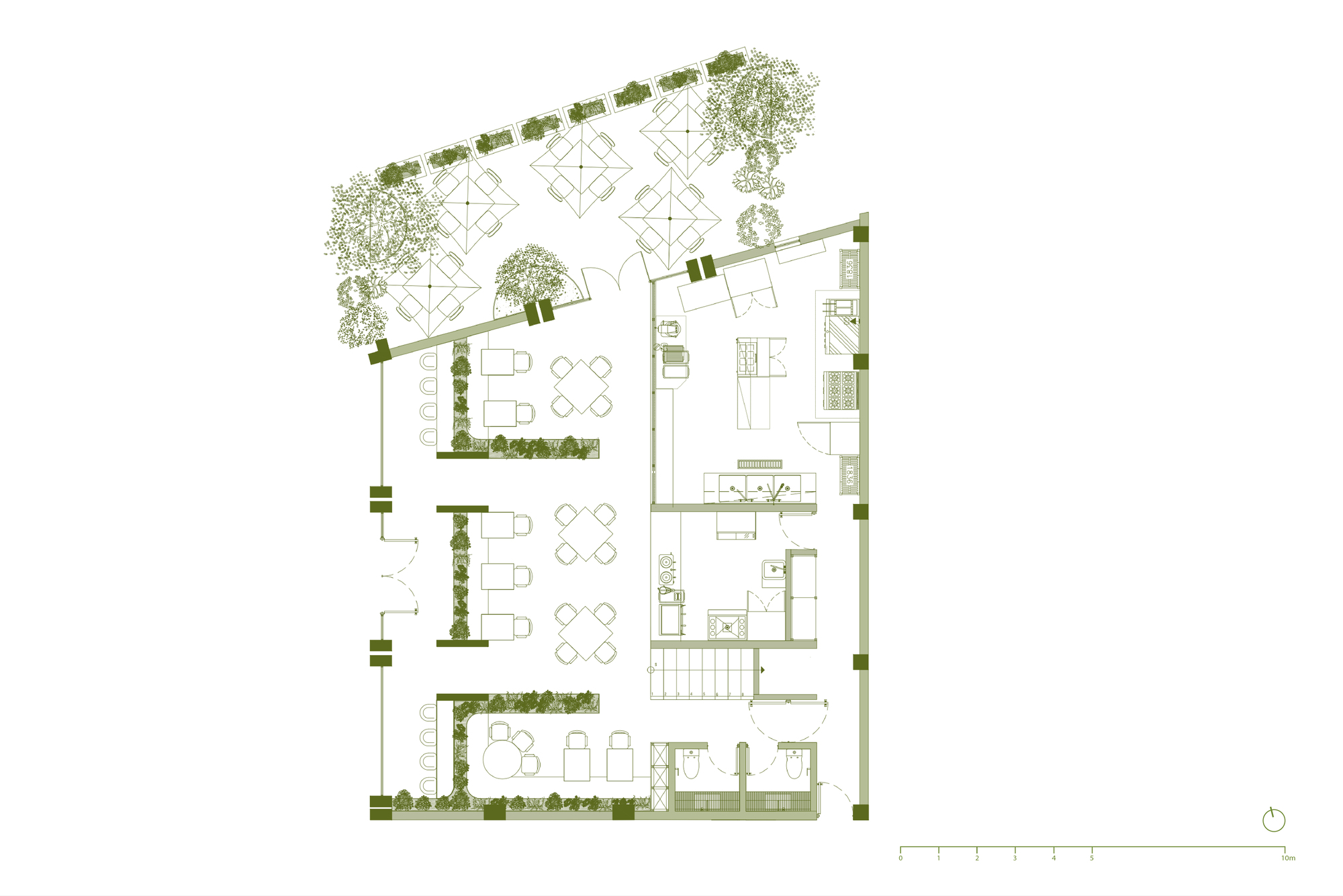 Ground floor plan drawing showing dining tables, planter beds, kitchen, stair and restrooms, with a tree-lined terrace along the angled edge