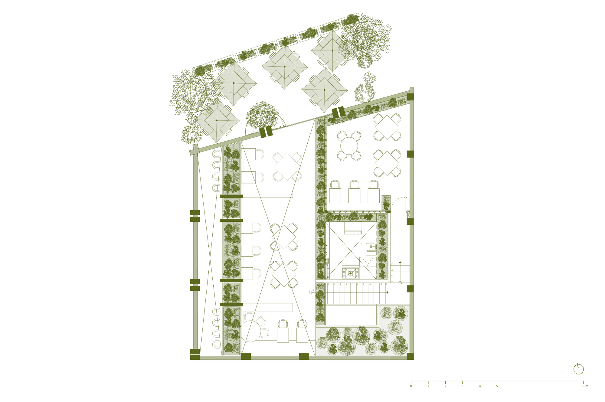 Upper floor plan drawing showing seating zones divided by planter strips, a central stair and void, and an outdoor terrace with umbrellas