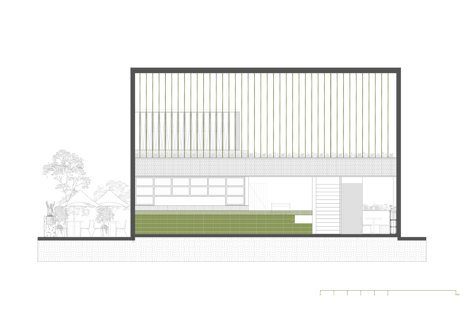 Section drawing of a two-storey cafe with green tiled counter, vertical slat screen above and outdoor tables with umbrellas beside a tree