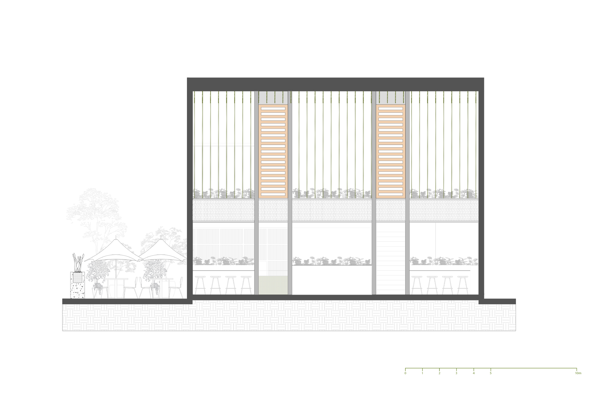 Section drawing showing slatted upper facade, planter boxes, bar stools and two orange-ribbed vertical bays beside an outdoor umbrella seating area
