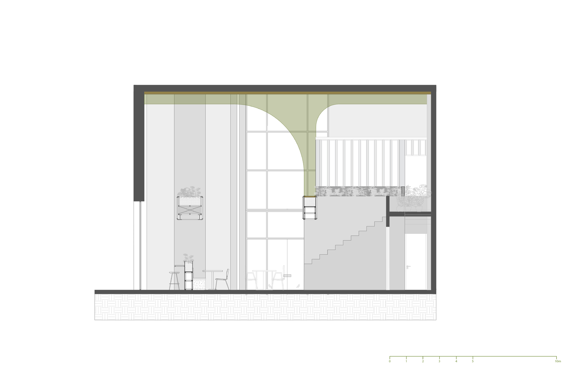 Section drawing of a double-height room with a green arched vault, glazed grid wall, staircase and mezzanine planter above café tables