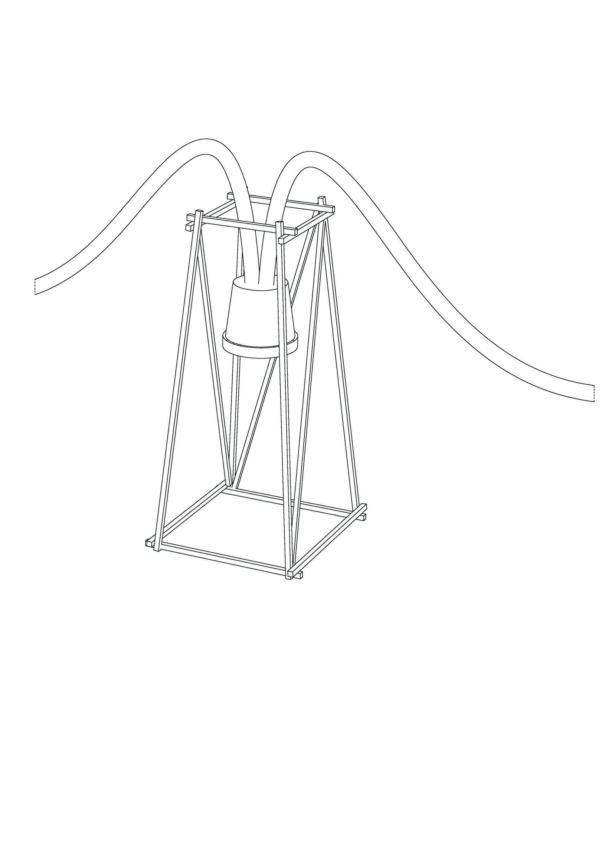Axonometric line drawing of a single timber frame holding an inverted bucket with two hoses arching out of it