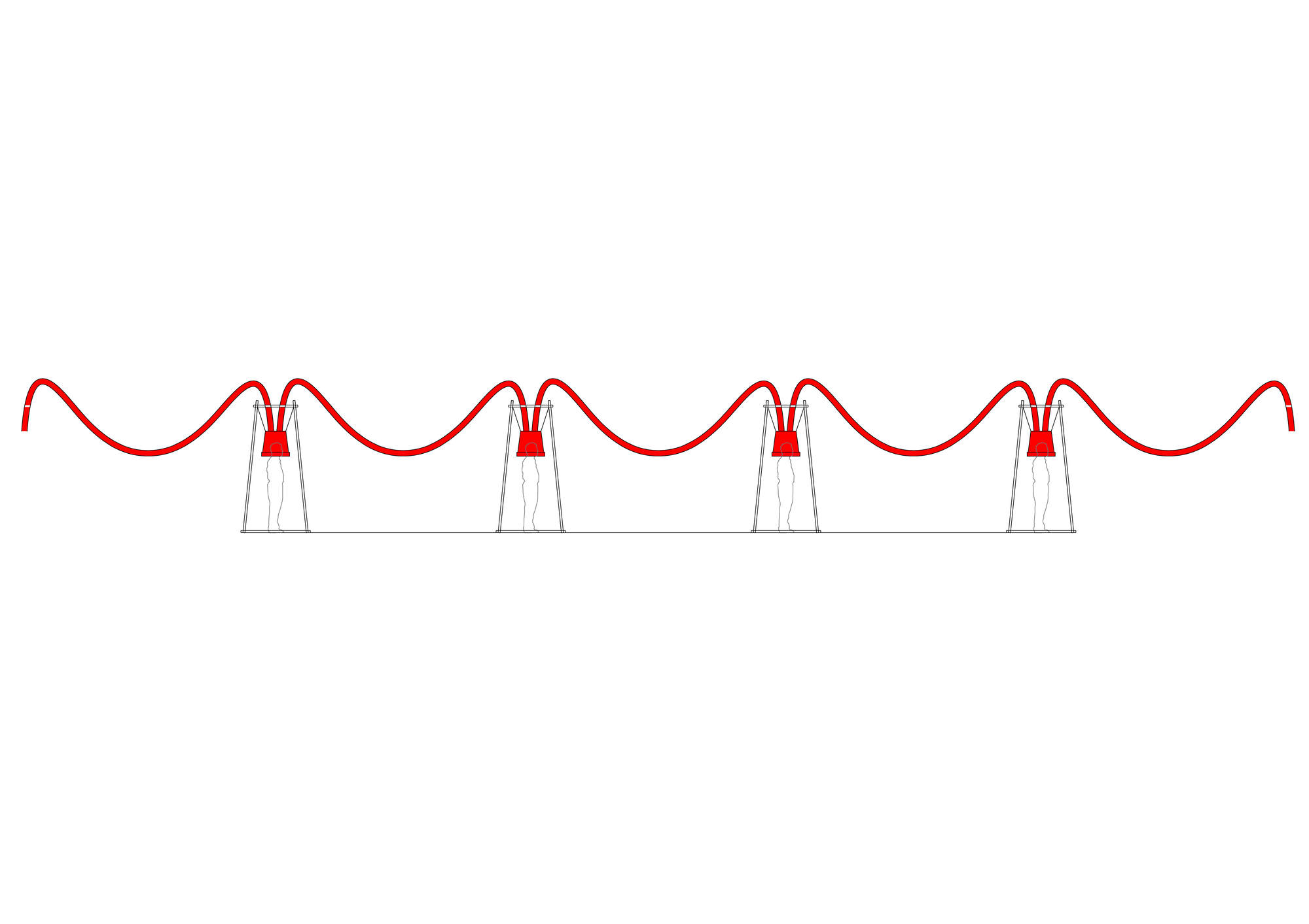 Elevation drawing of a continuous red hose rising and dipping across four evenly spaced timber frames with buckets