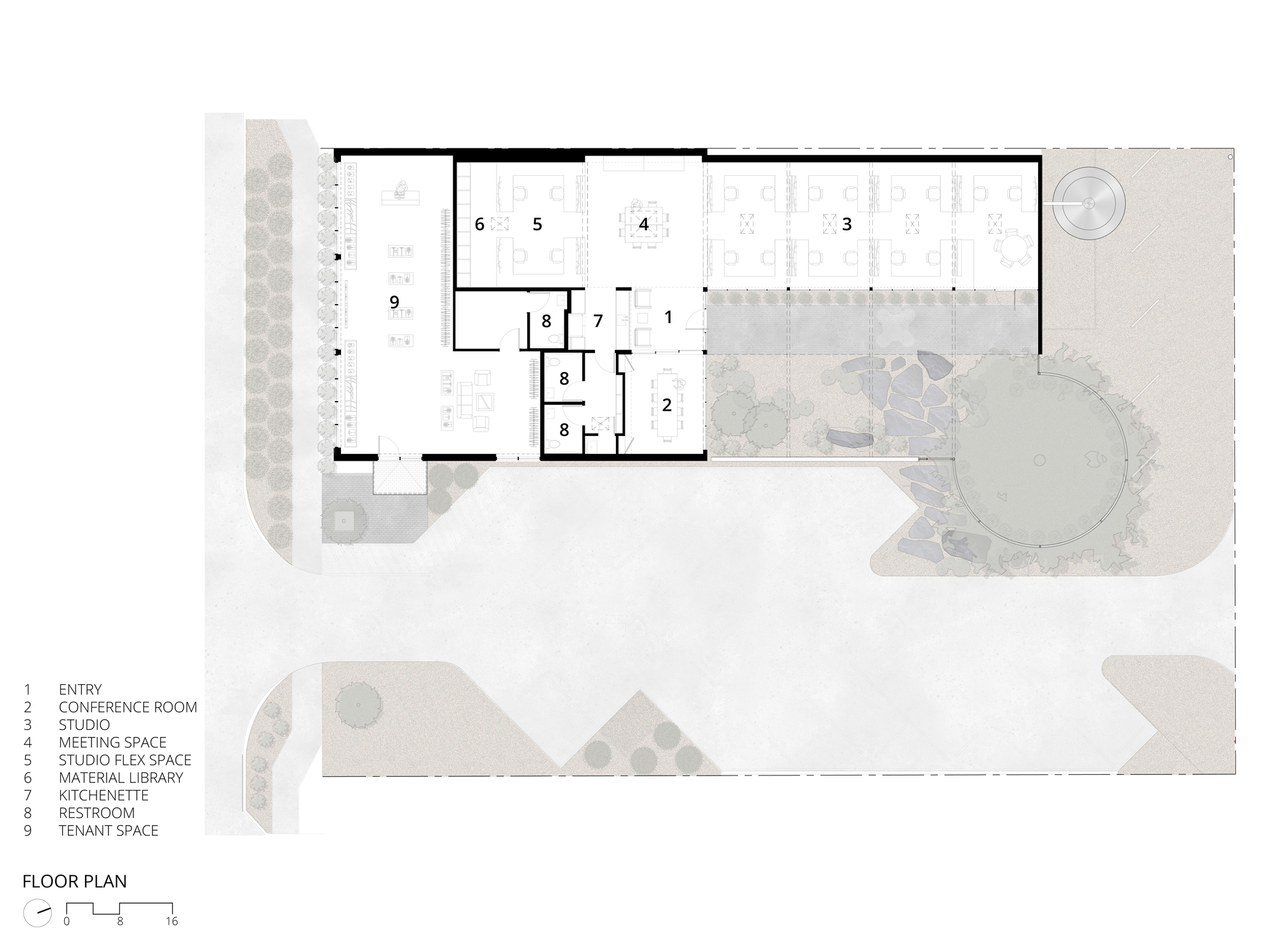 Floor plan drawing showing entry, conference room, studio, material library and tenant space arranged around a planted courtyard with a round feature