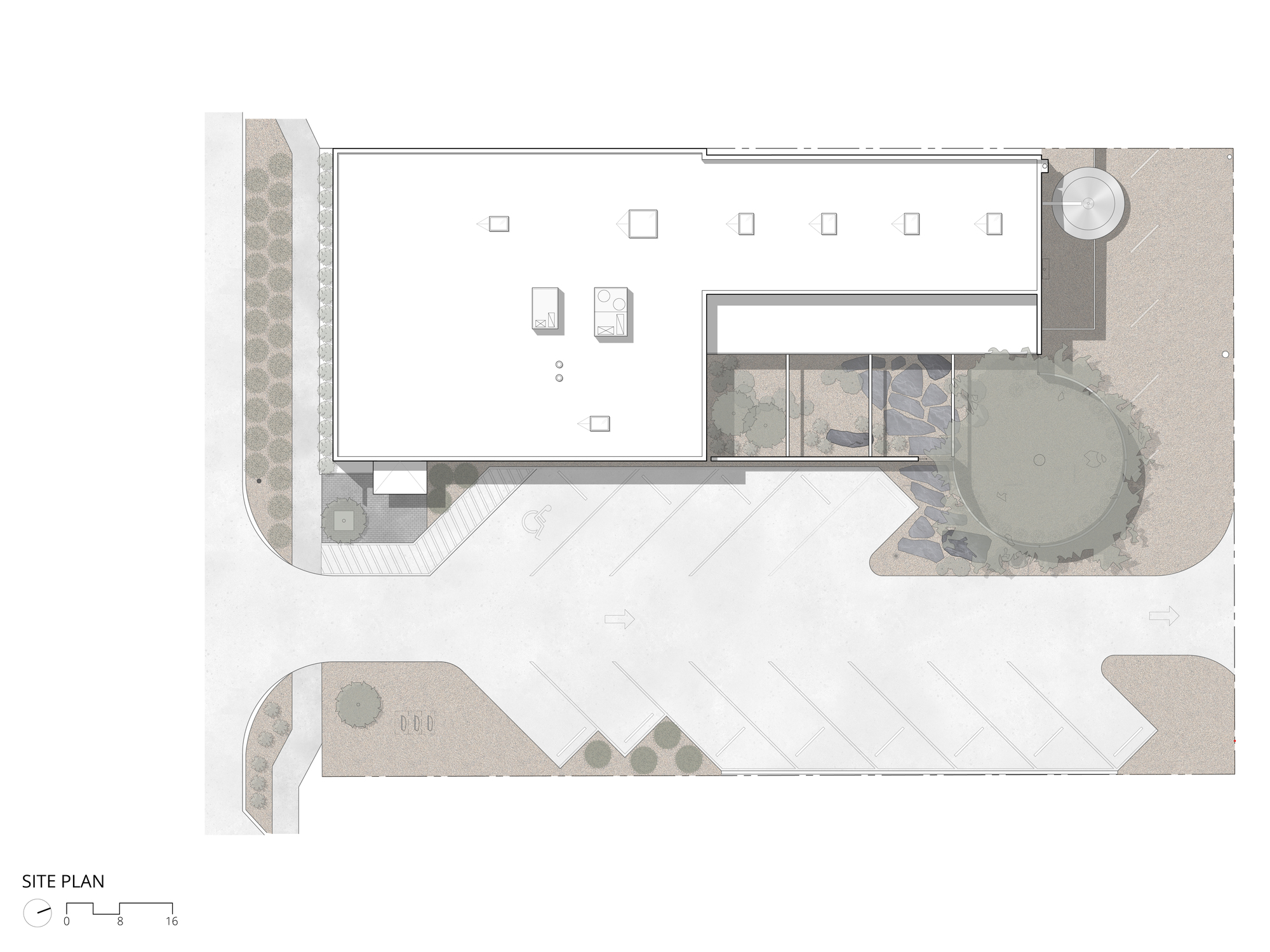 Site plan drawing showing the rectangular roof with rooftop units, angled parking, street planting and a circular courtyard element