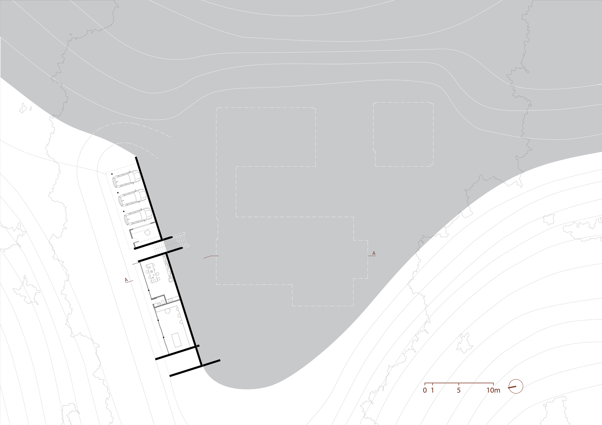 Site plan drawing showing a long retaining wall with parked cars along a sloped edge and dashed building outlines above on contour lines