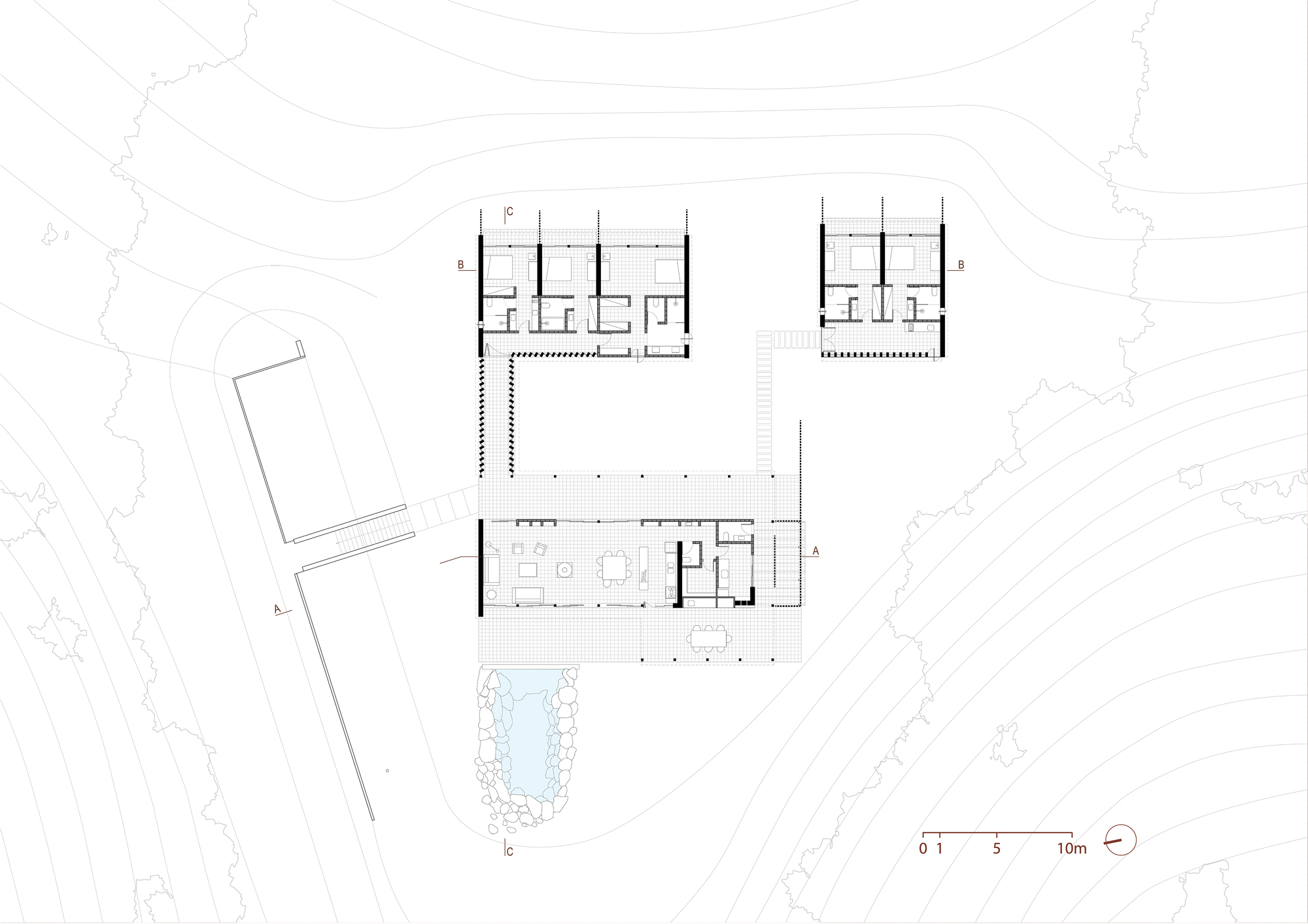 Floor plan drawing showing a central living pavilion, two bedroom wings linked by a corridor, and a stone-edged pond below