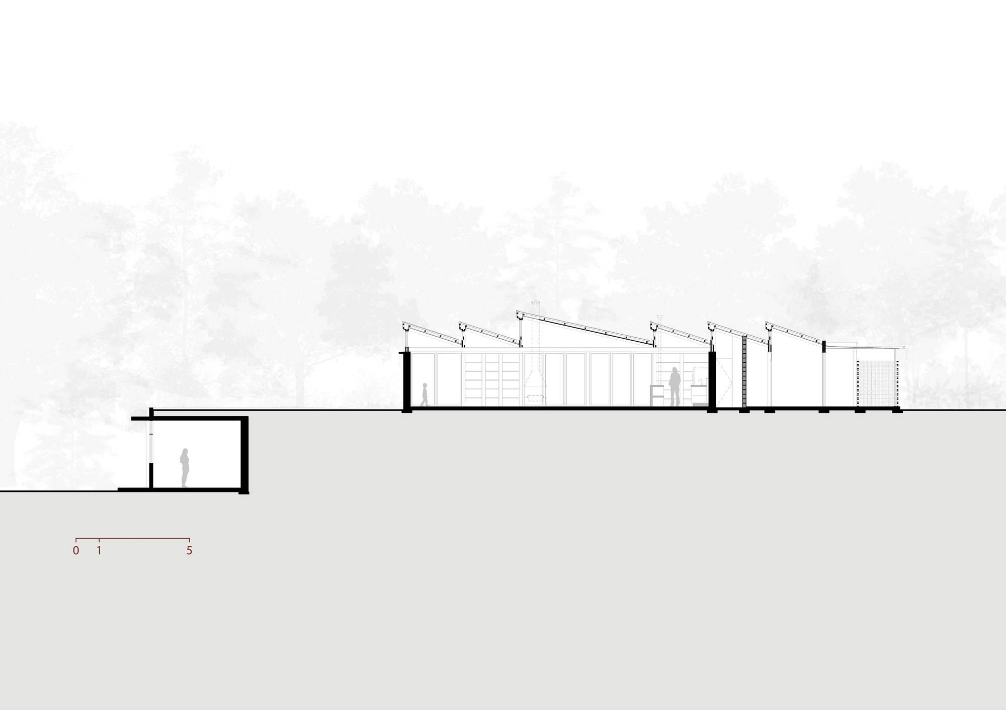 Long section drawing through the main pavilion with stepped sloped roofs and a sunken room at left, set against faint trees