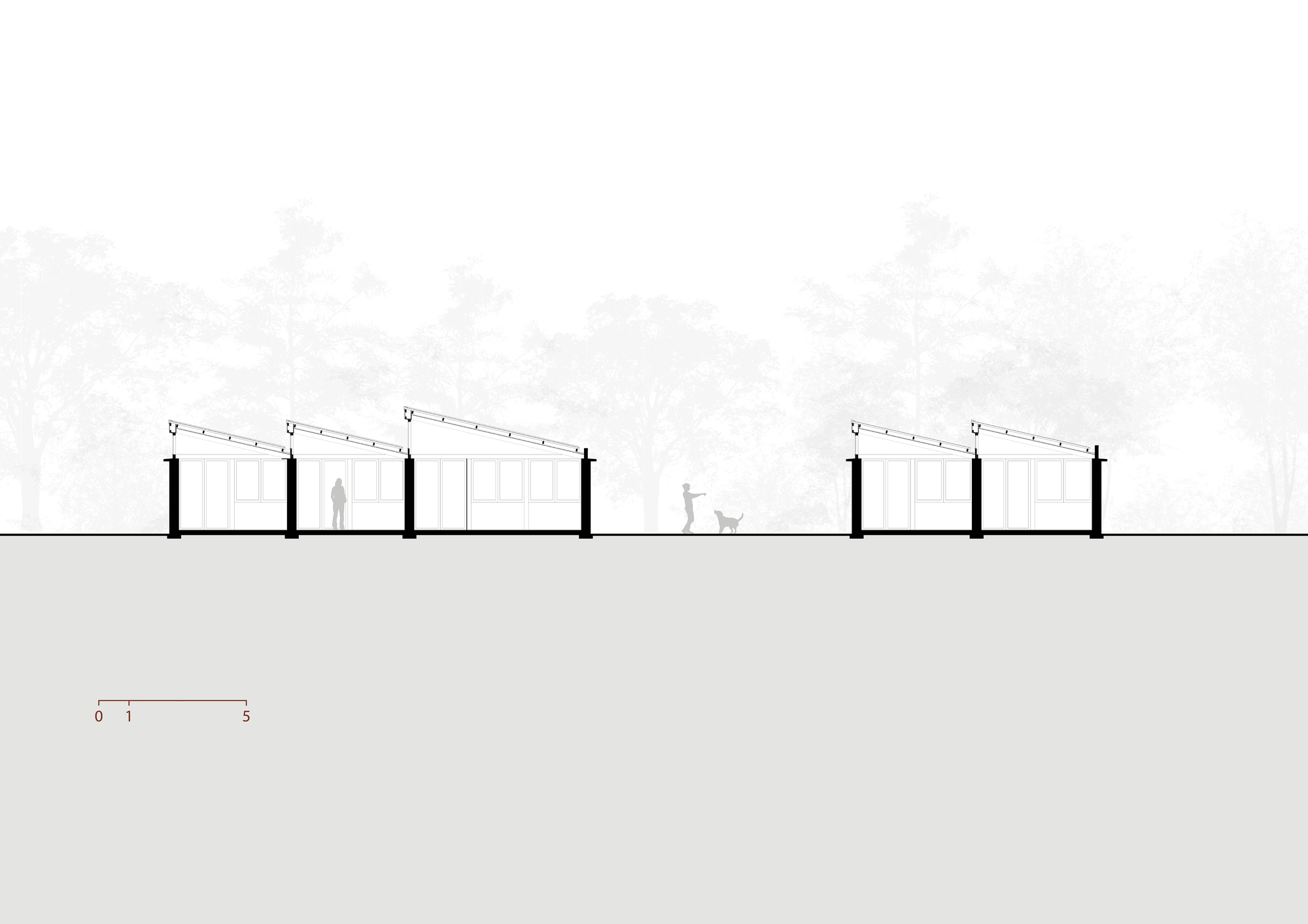 Cross section drawing of the bedroom wings with sloped roofs, a person standing inside and another walking a dog between volumes