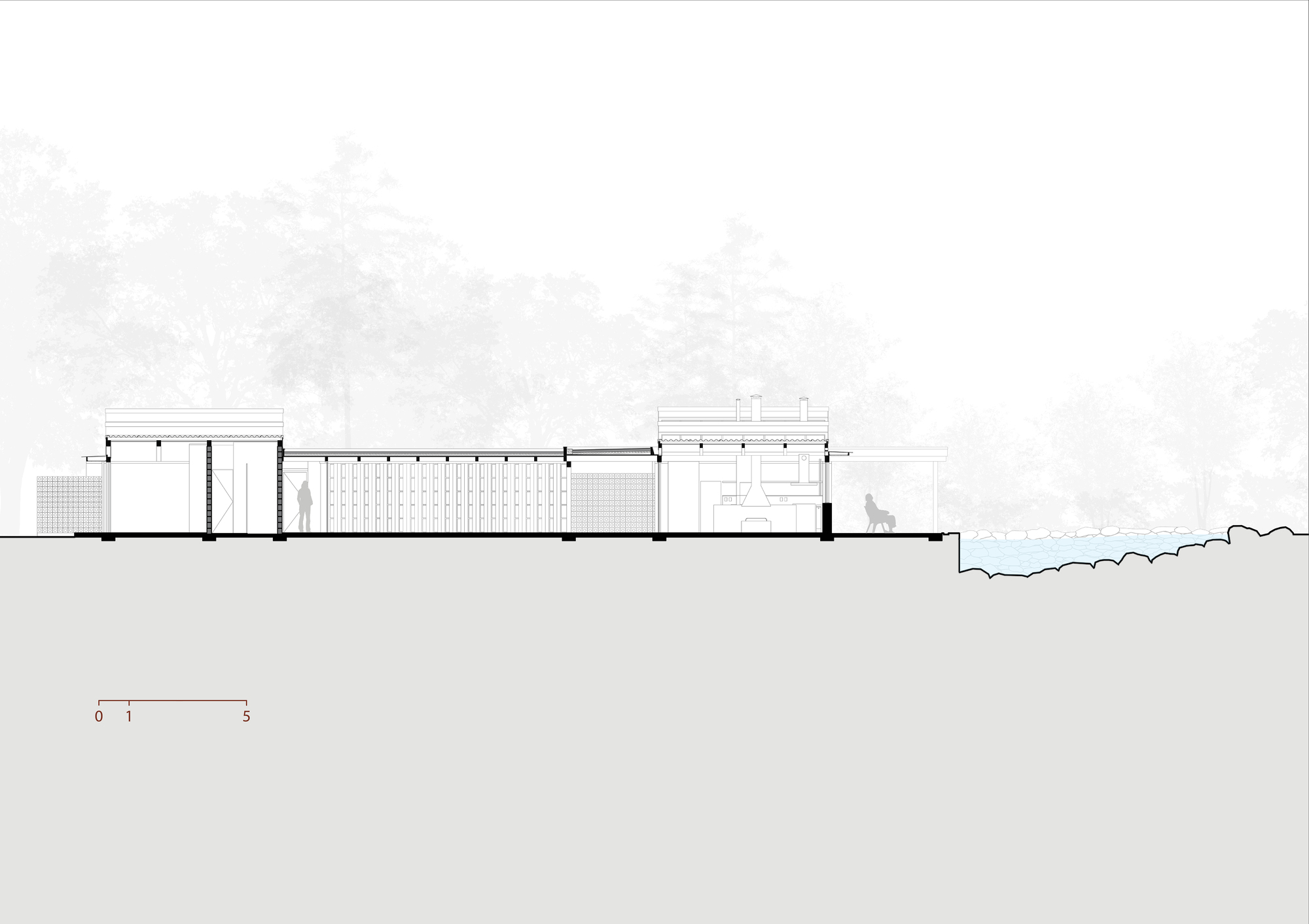 Section drawing through the living pavilion and corridor with a fireplace, a seated figure with a dog, and the rock-edged pond at right