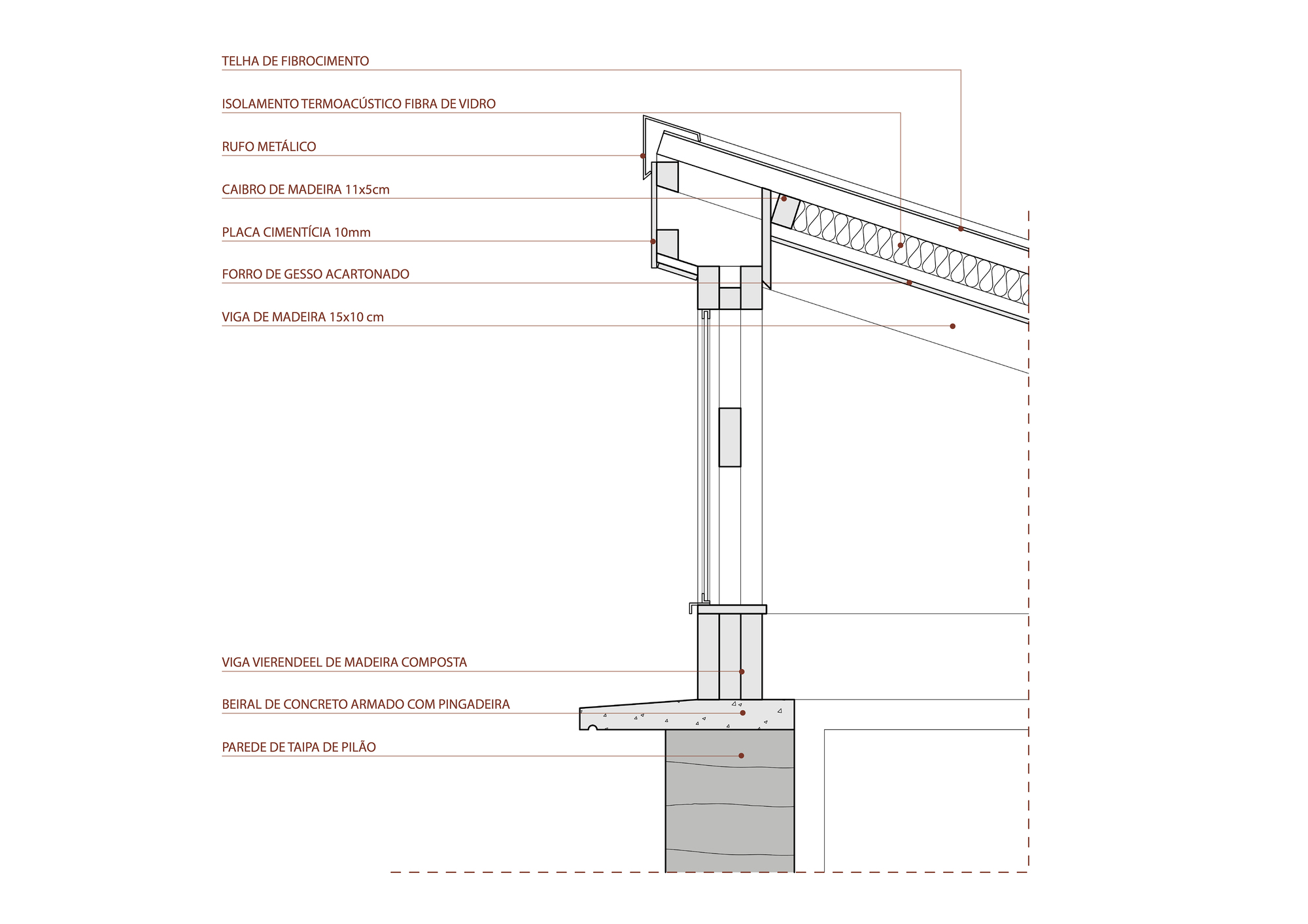 Wall section drawing of a pitched roof eave, timber beams and glazing above a rammed earth wall on a concrete drip edge