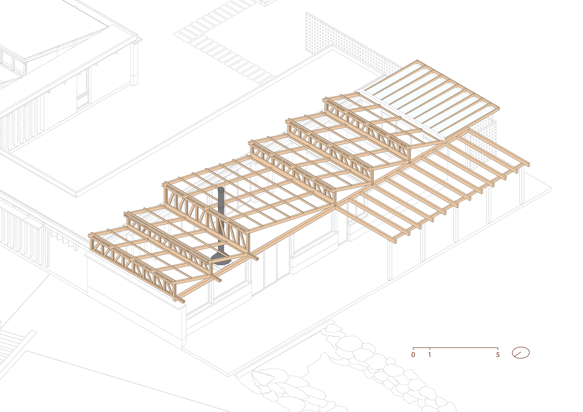 Axonometric drawing of the stepped timber roof framing with trusses and rafters, shown over faint outlines of the surrounding walls